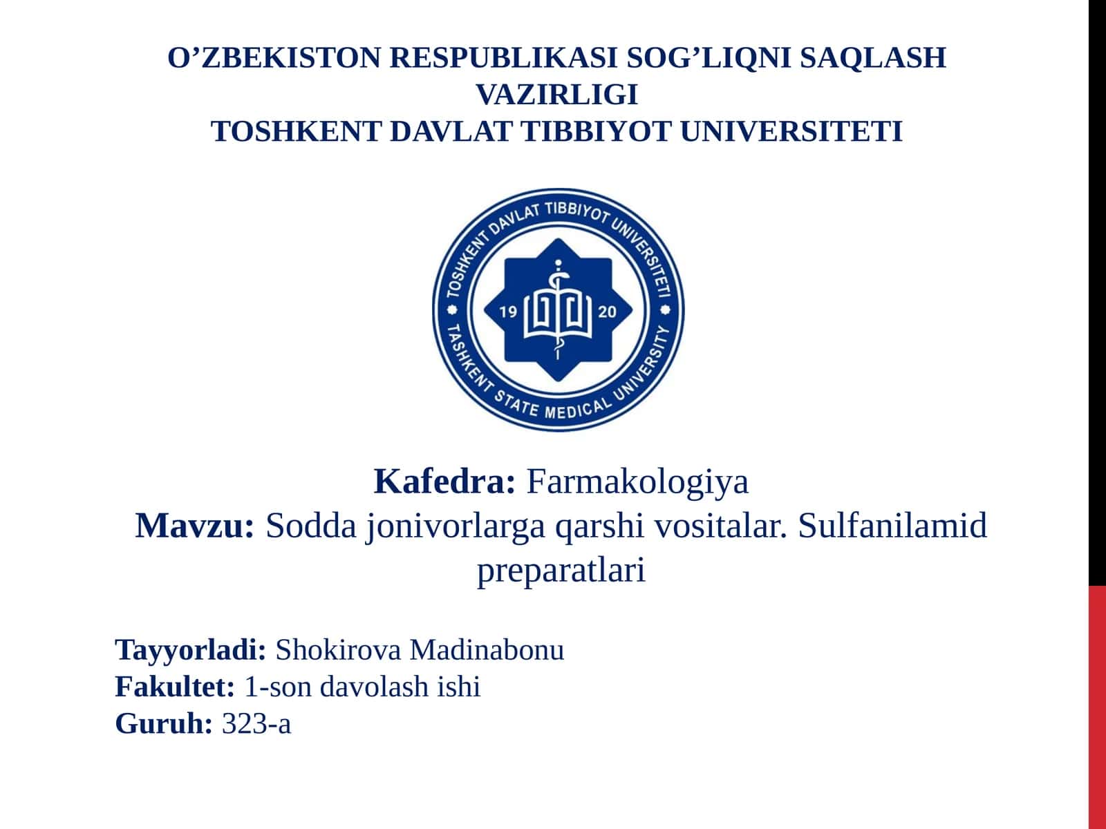 Soddajonivorlargaqarshivositalar.Sulfanilamidpreparatlari 1