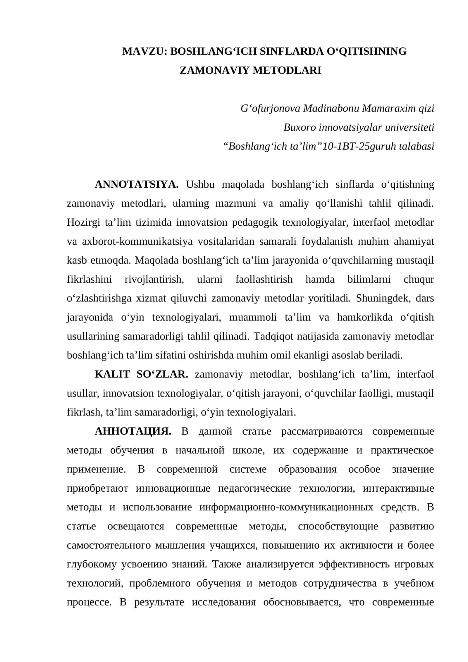 BOSHLANGʻICH SINFLARDA O‘QITISHNING ZAMONAVIY METODLARI 1