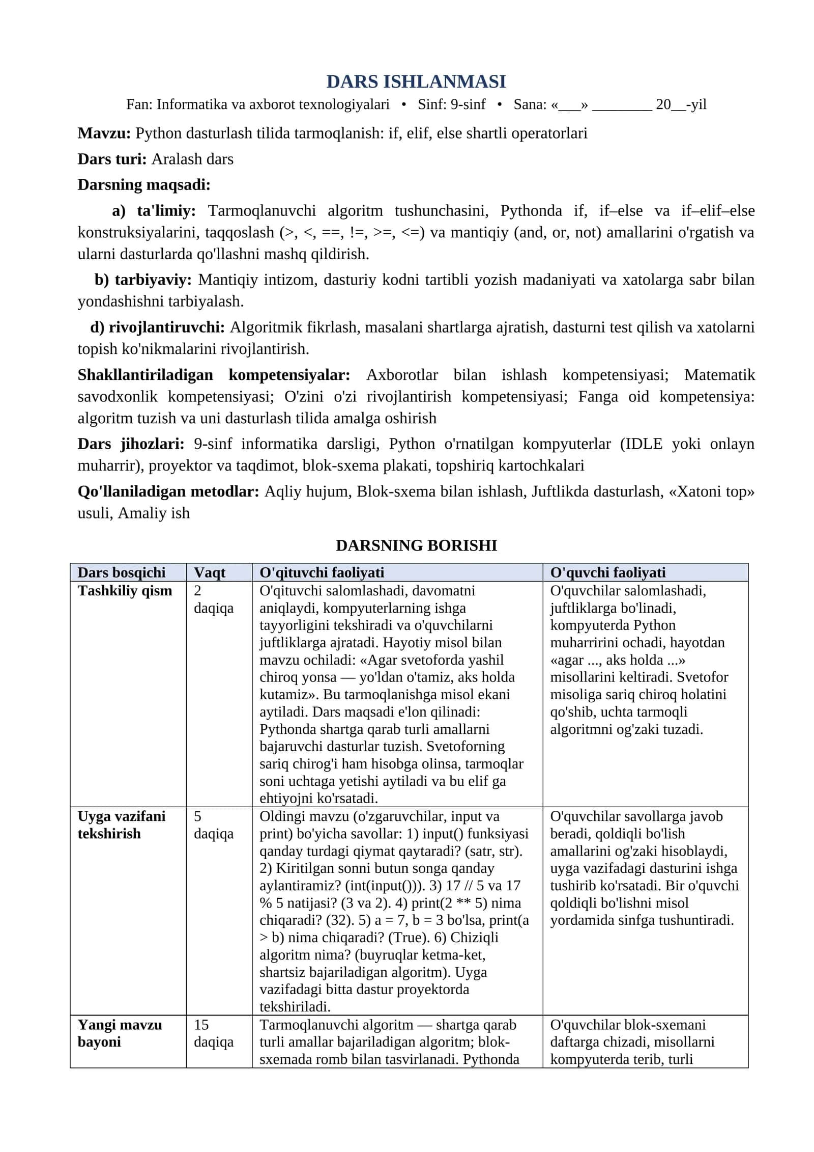 9 sinf Informatika va axborot texnologiyalari dars ishlanma Python dasturlash tilida tarmoqlanish if elif 1