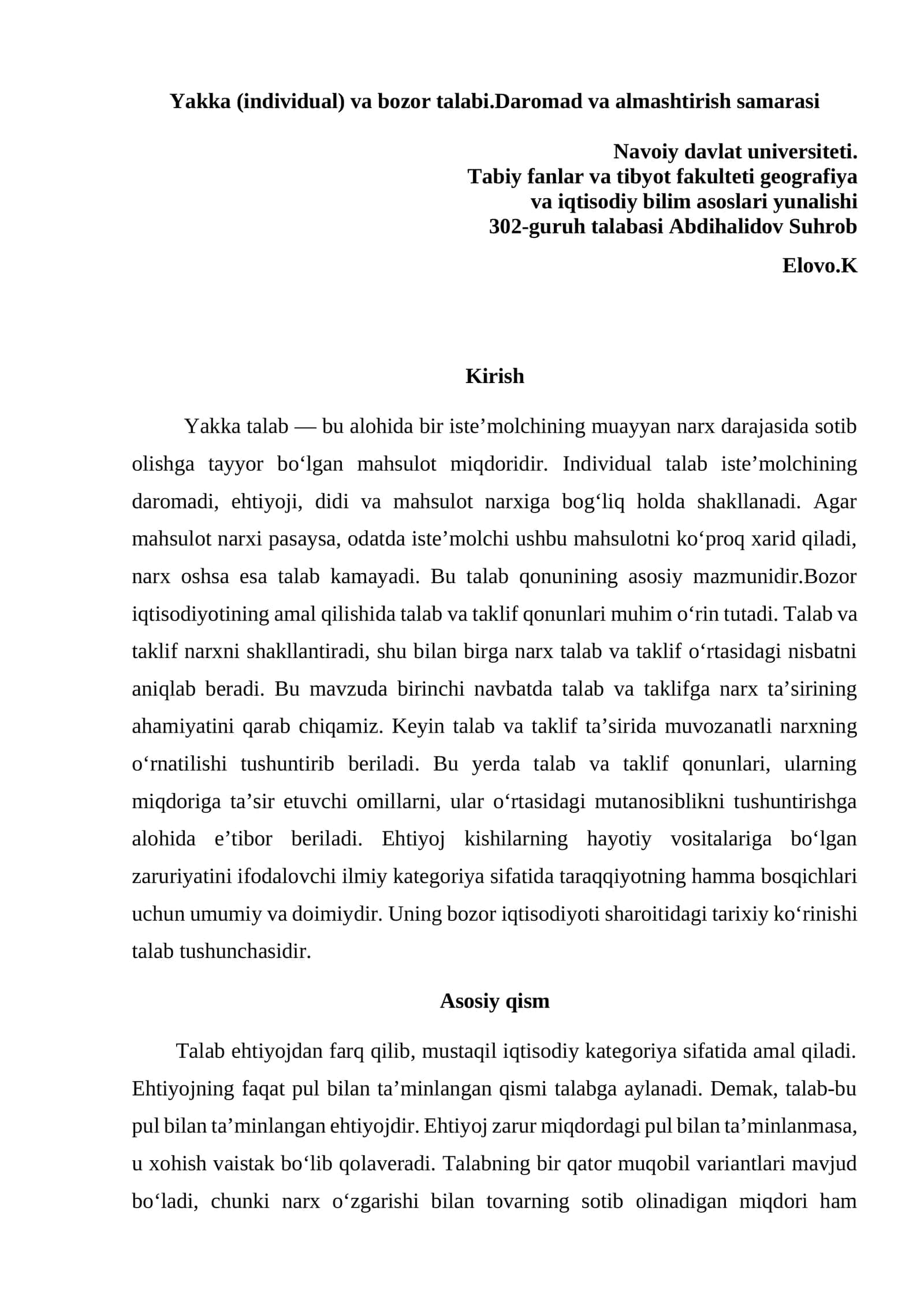 Yakka (individual) va bozor talabi.Daromad va almashtirish samarasi 1