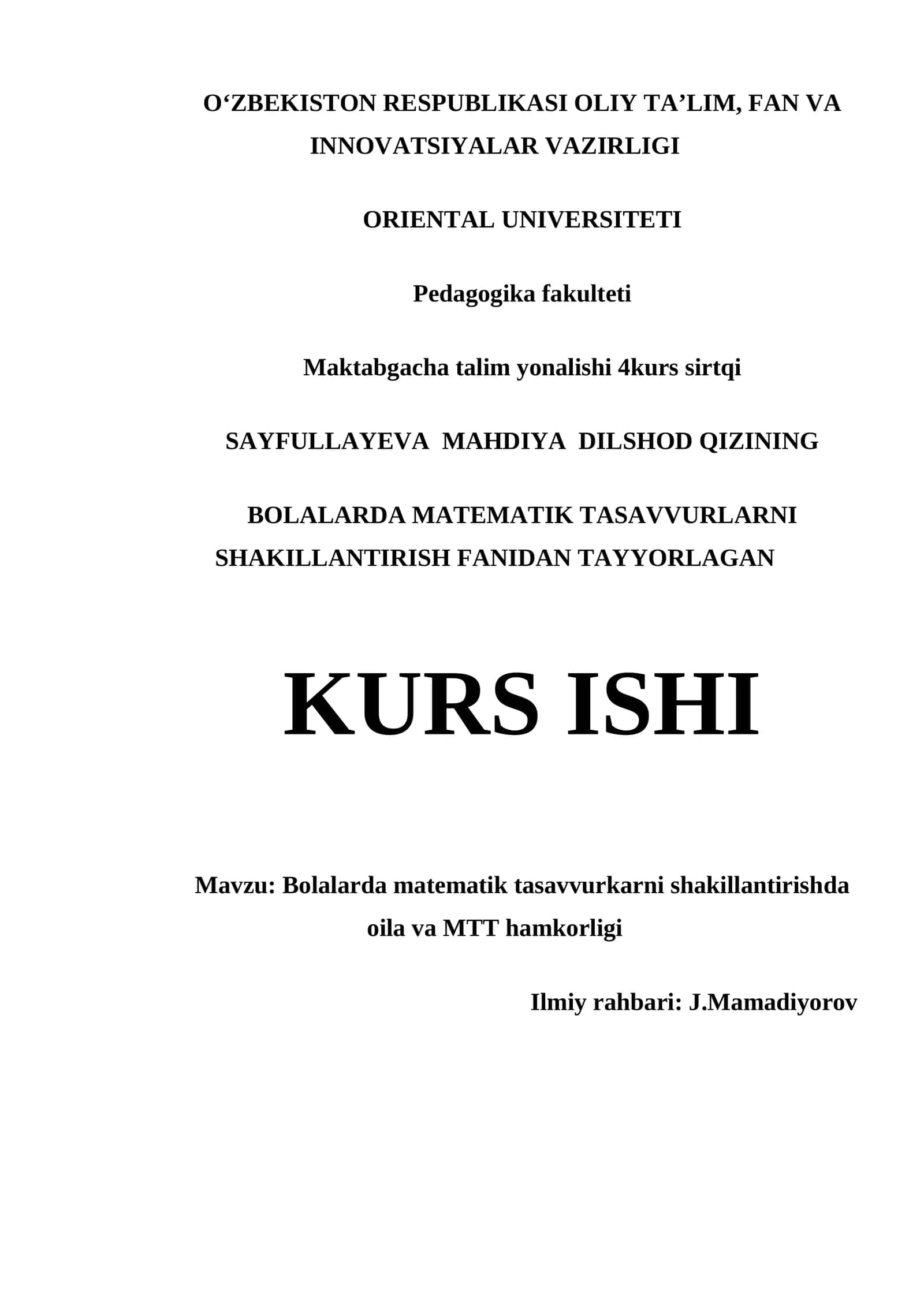 Bolalarda Matematik Tasavvurlarni Shakillantirishda Oila va MTT Hamkorligi 1