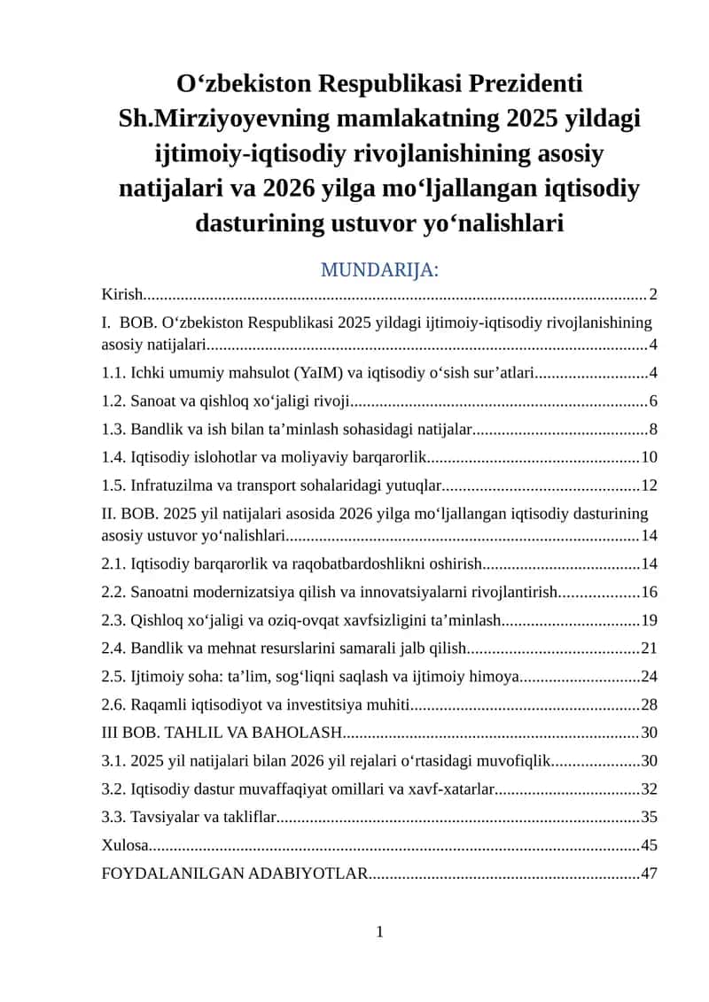Mavzu II. BOB. 2025 yil natijalari asosida 2026 yilga mo‘ljallangan iqtisodiy dasturining asosiy ustuvor yo‘nalishlari 1