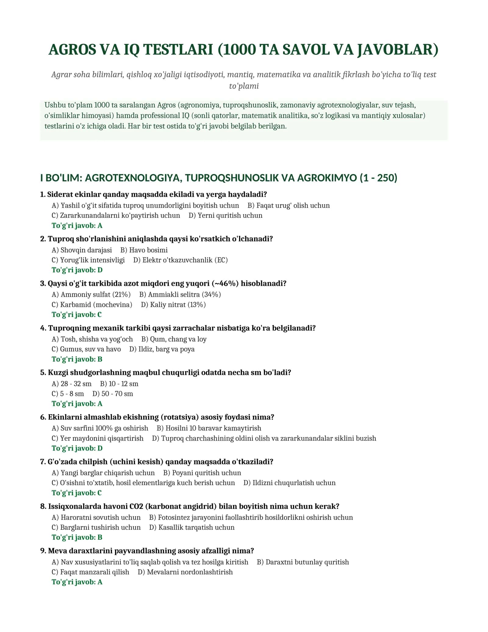 AGROS VA IQ TESTLARI (1000 TA SAVOL VA JAVOBLAR) 1