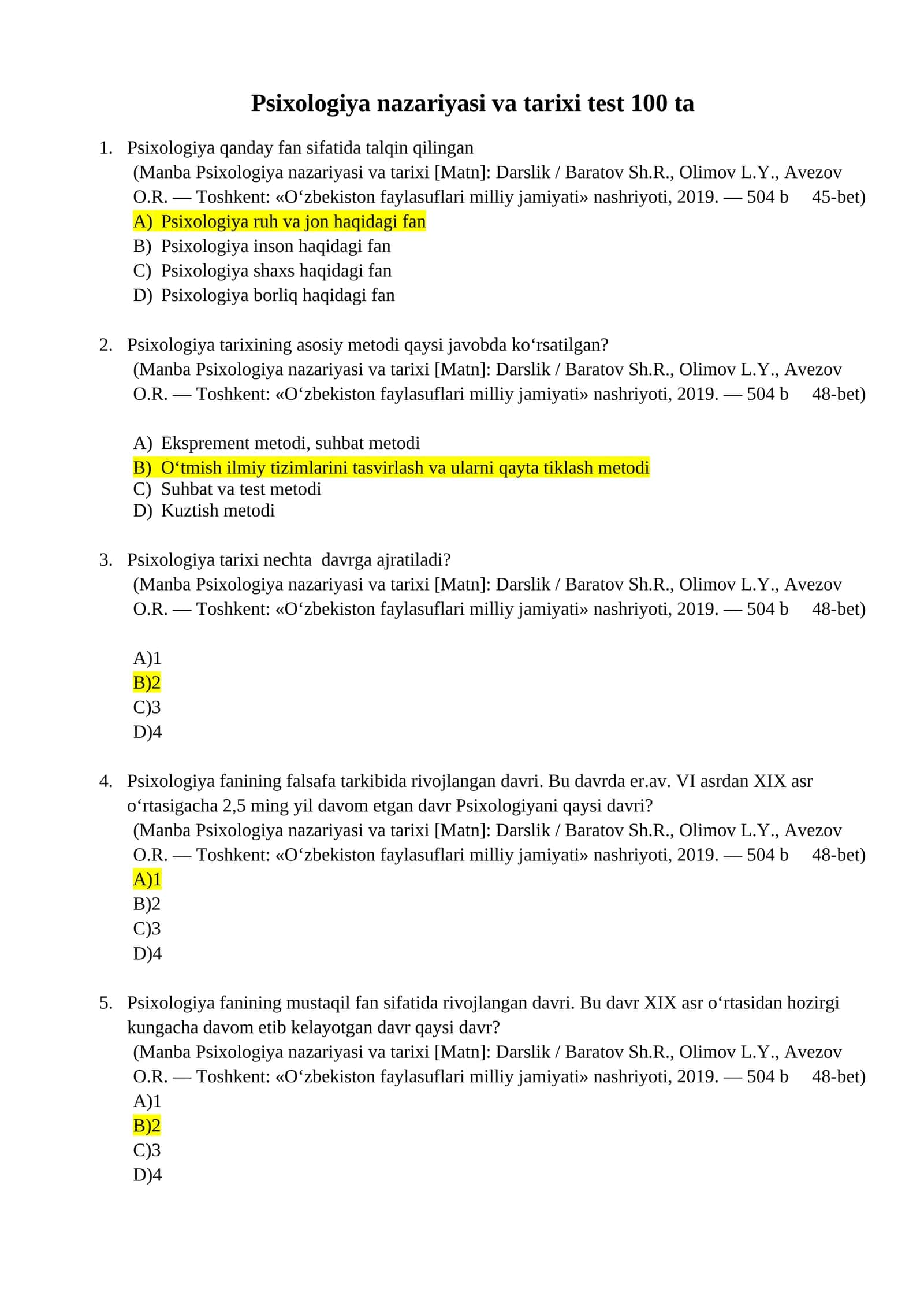 Psixologiya tarixi va nazariyasi 100 test 1