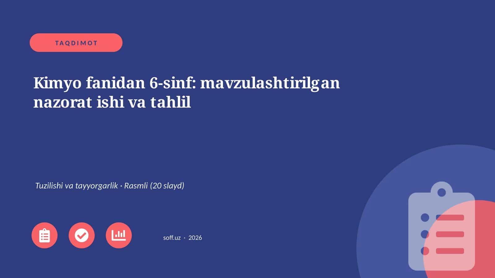 Kimyo fanidan 6-sinf: mavzulashtirilgan nazorat ishi va tahlil 1