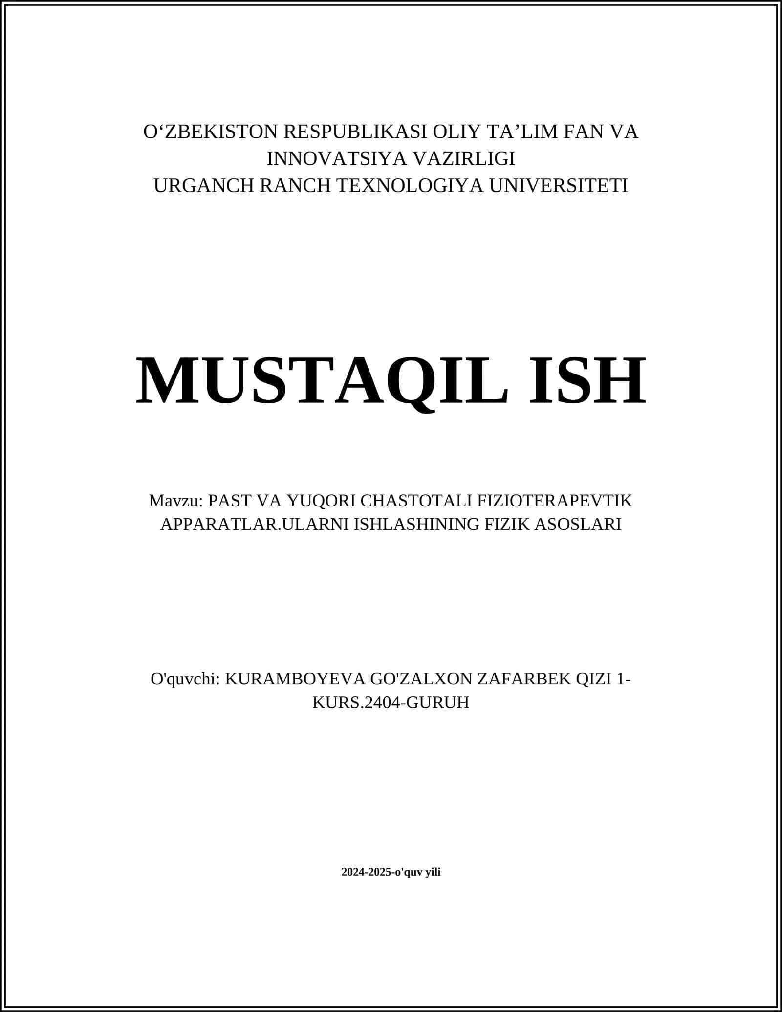 PAST VA YUQORI CHASTOTALI FIZIOTERAPEVTIK APPARATLAR.ULARNI ISHLASHINING FIZIK ASOSLARI 1