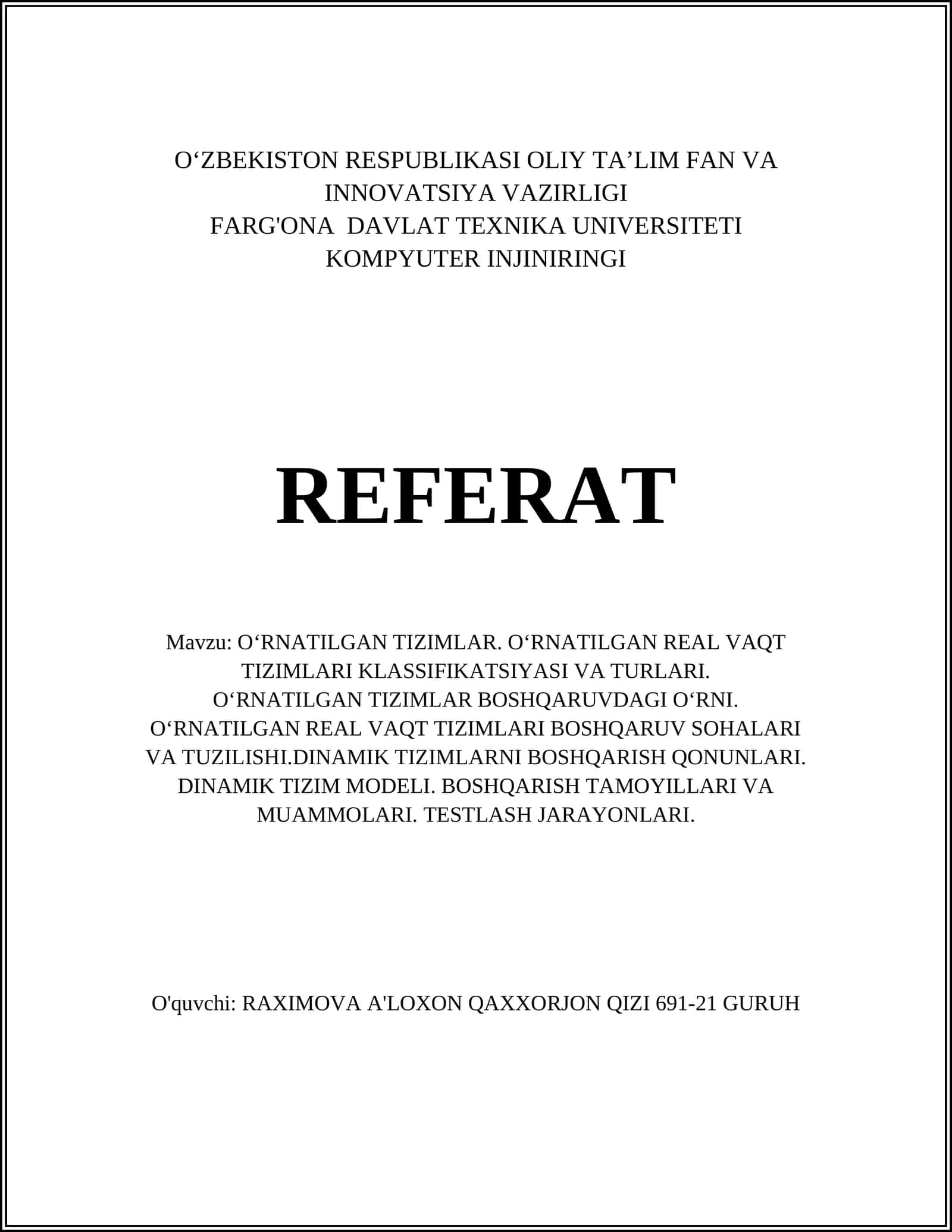 O‘RNATILGAN TIZIMLAR. O‘RNATILGAN REAL VAQT TIZIMLARI KLASSIFIKATSIYASI VA TURLARI 1