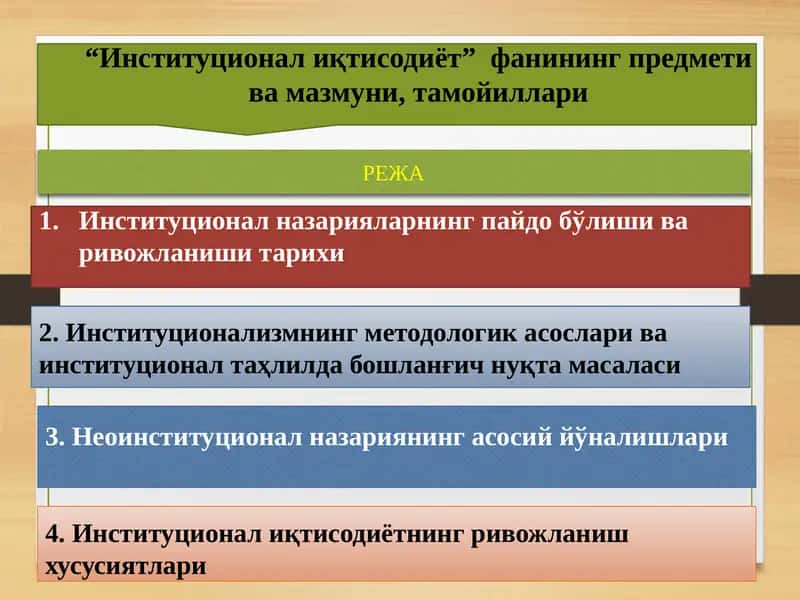 Институционал иқтисодиёт”  фанининг предмети ва мазмуни, тамойиллари 1