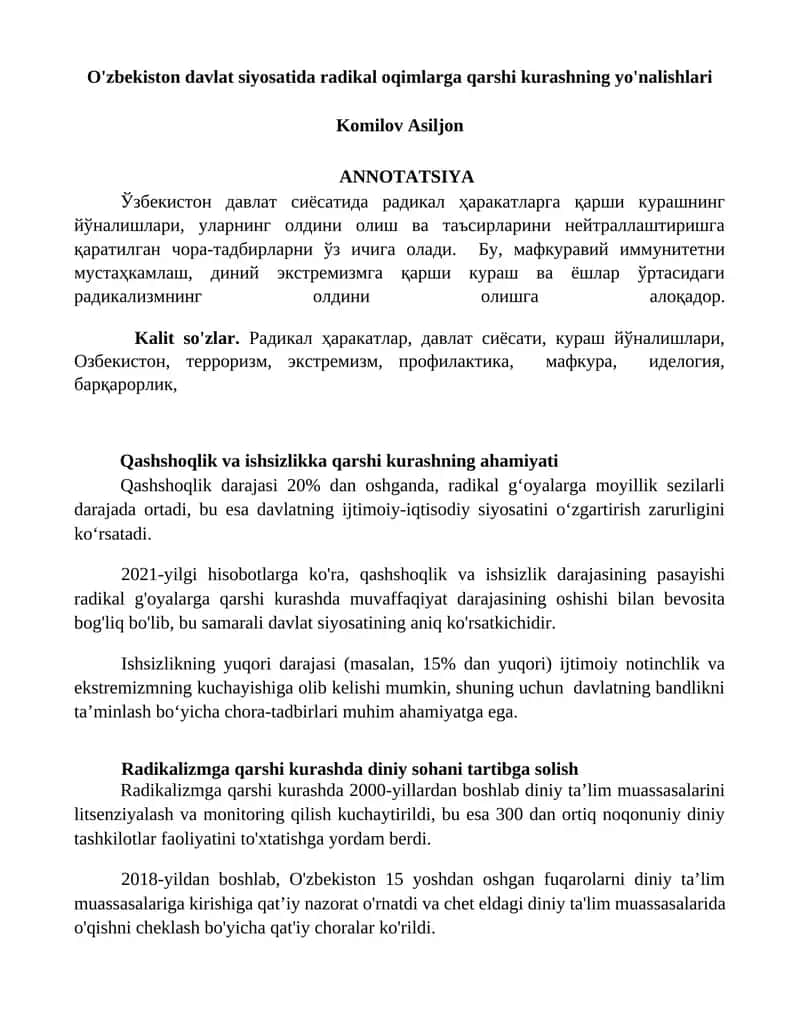 O'zbekiston davlat siyosatida radikal oqimlarga qarshi kurashning yo'nalishlari 1