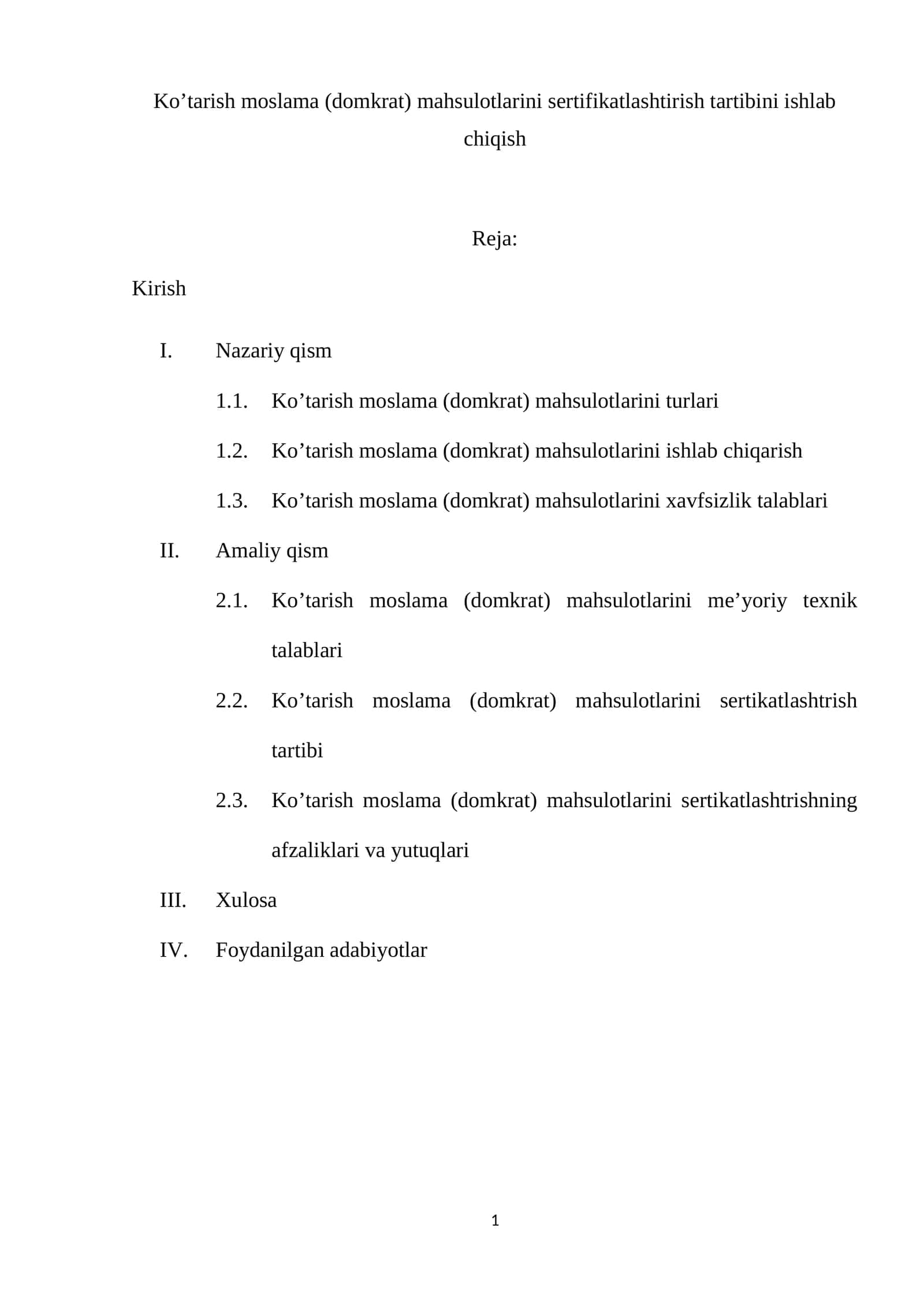 Ko’tarish moslama (domkrat) mahsulotlarini sertifikatlashtirish tartibini ishlab chiqish 1