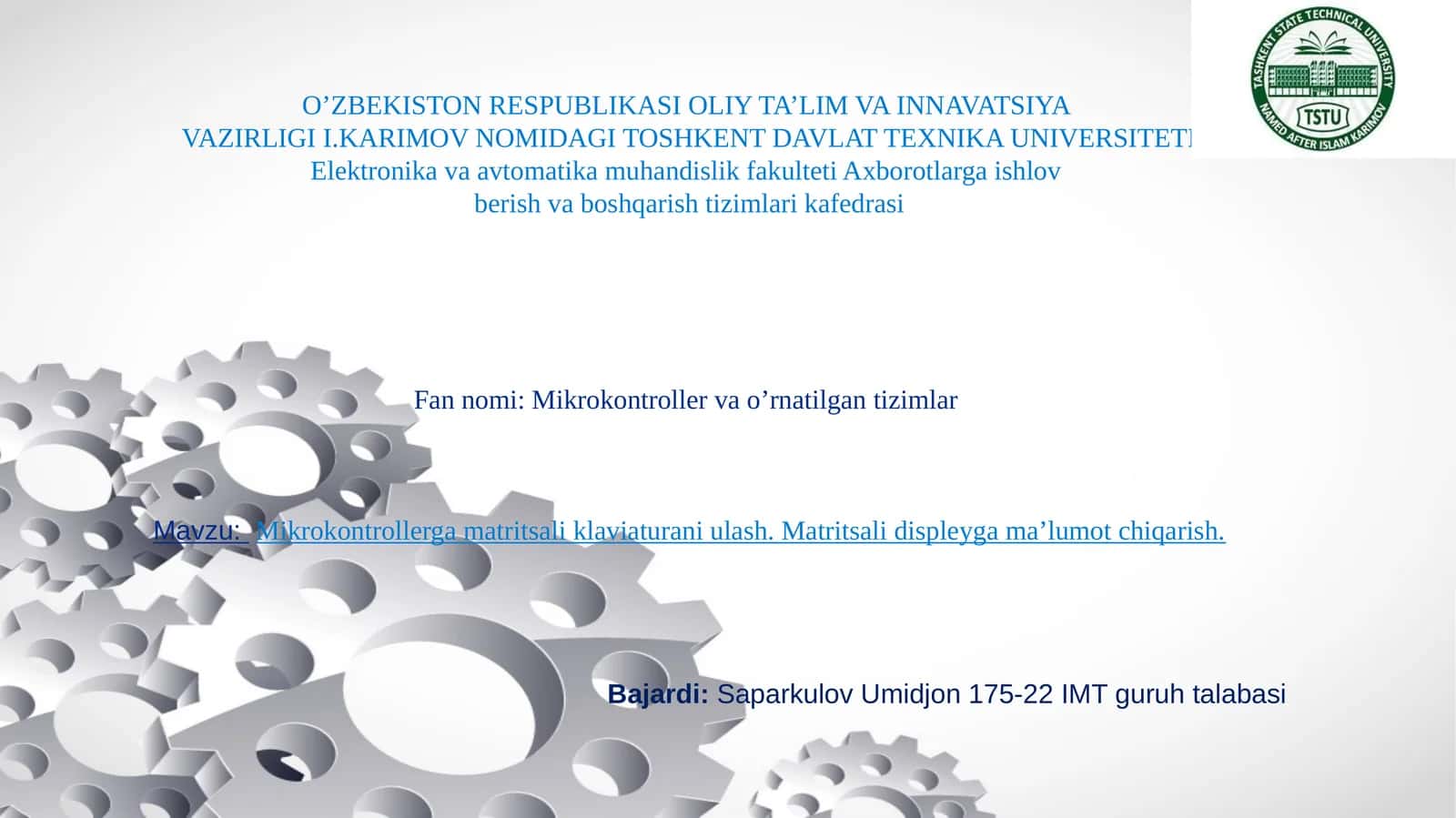 Mikrokontroller va o'rnatilgan tizimlar 1