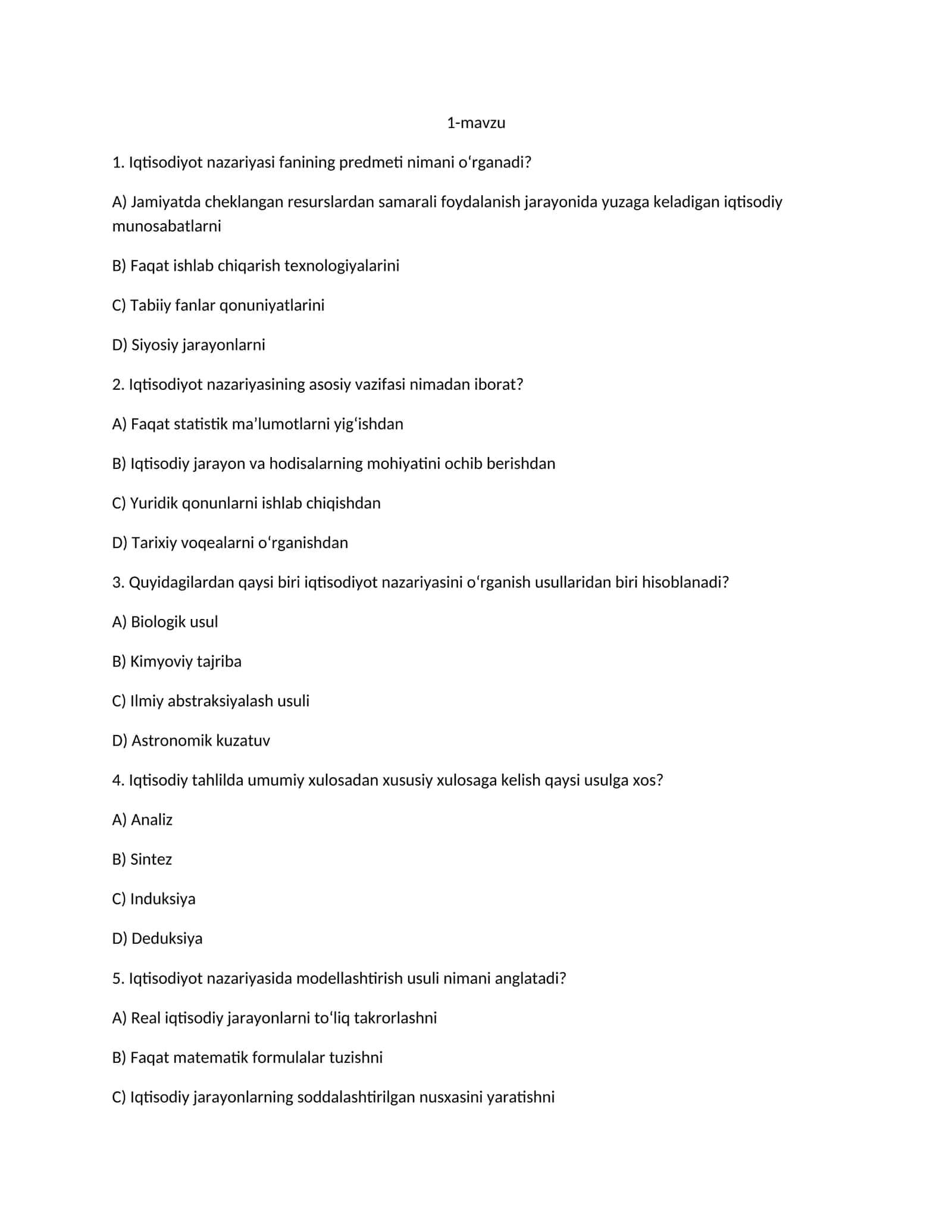 Iqtisodiyot nazariyasi fanidan testlar 1