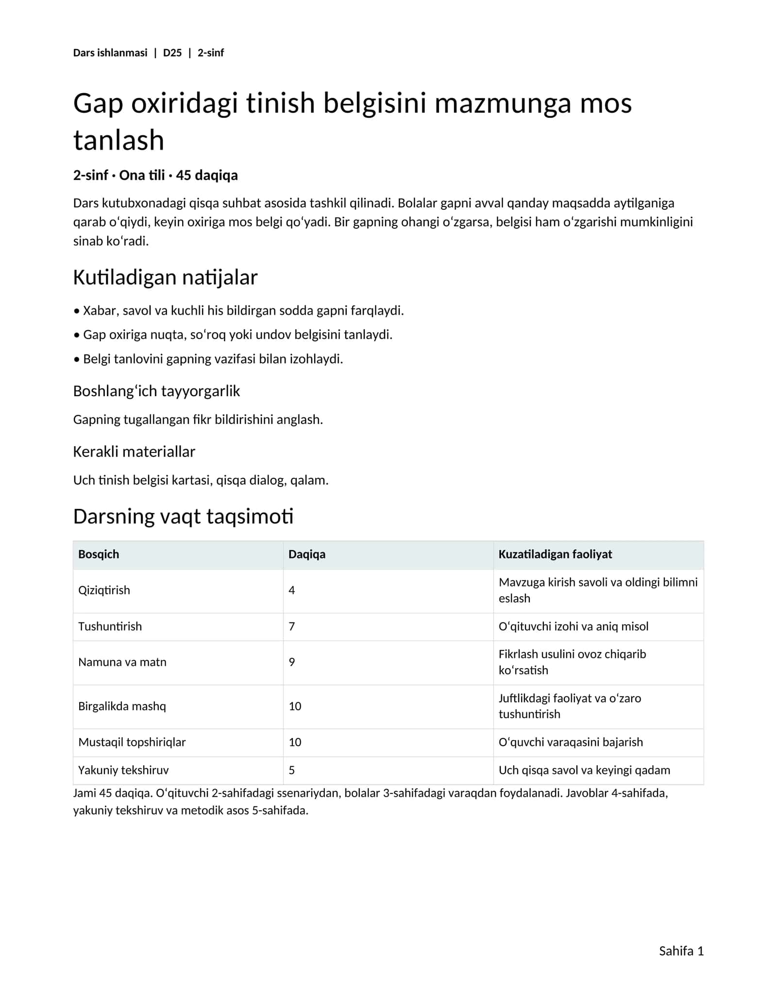 2-sinf Gap oxiridagi tinish belgisini mazmunga mos tanlash — dars ishlanmasi va tarqatmalar 1