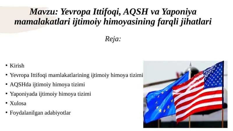 Yevropa Ittifoqi, AQSH va Yaponiya mamalakatlari ijtimoiy himoyasining farqli jihatlari 1