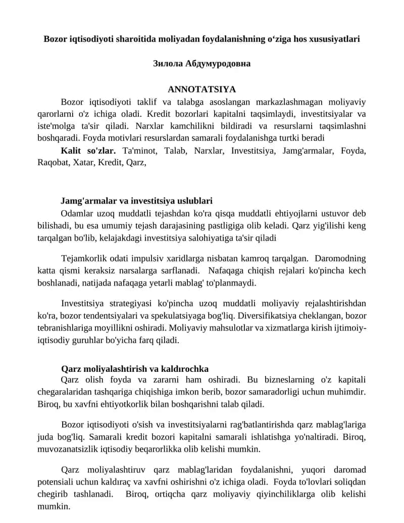 Bozor iqtisodiyoti sharoitida moliyadan foydalanishning oʻziga hos xususiyatlari 1