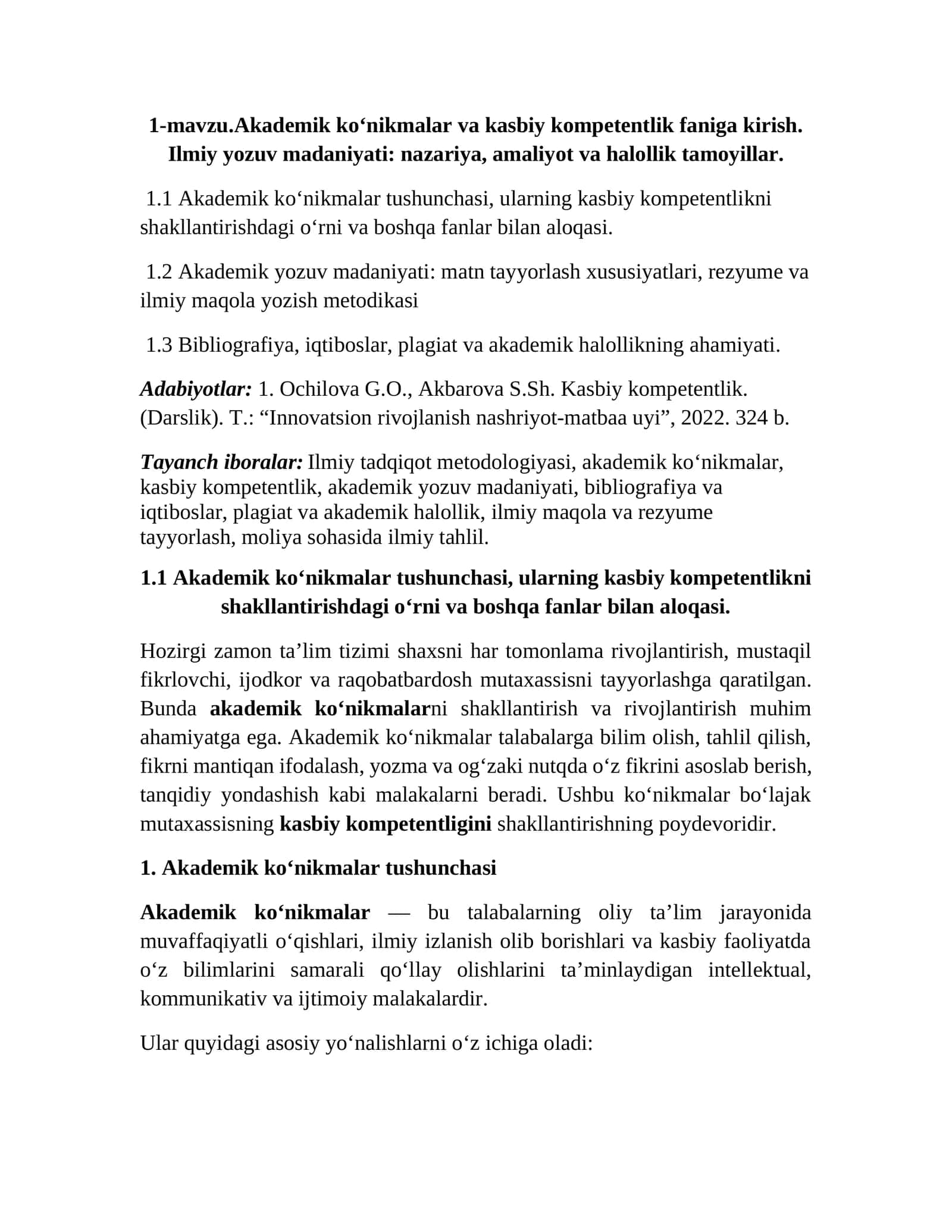 Akademik ko‘nikmalar va kasbiy kompetentlik 1