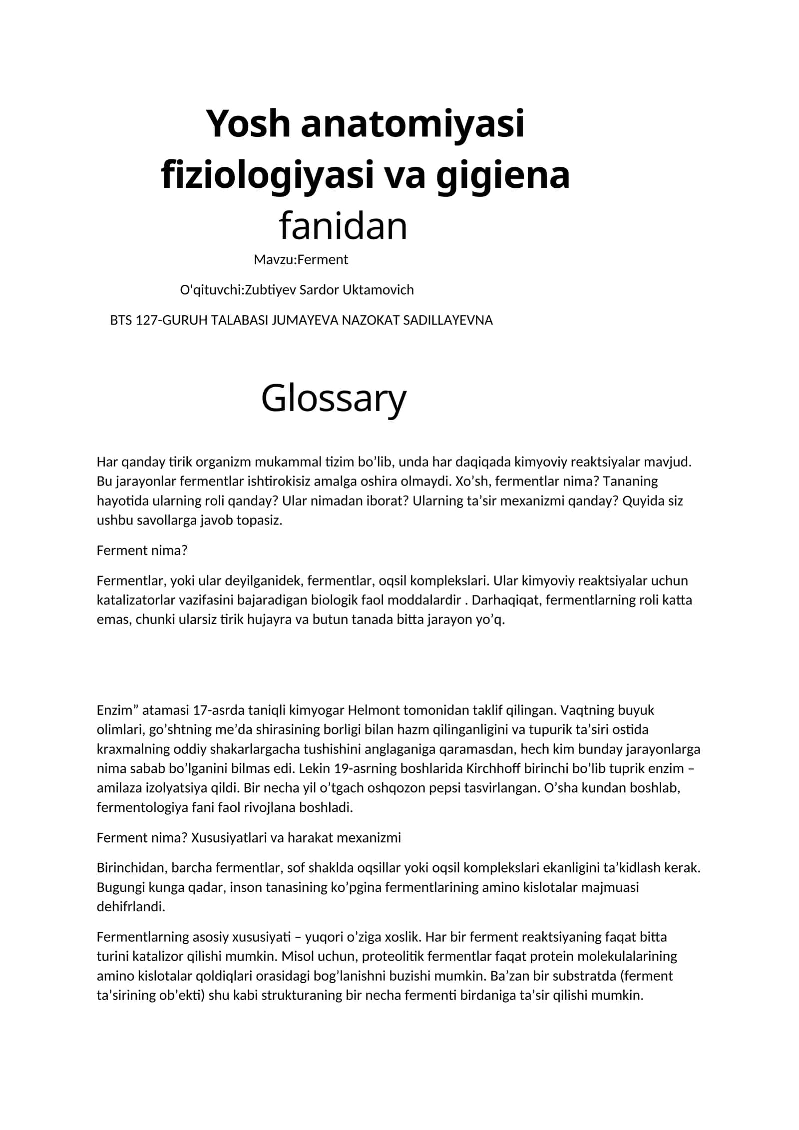 Yosh anatomiyasi, fiziologiyasi va gigiena fanidan 1