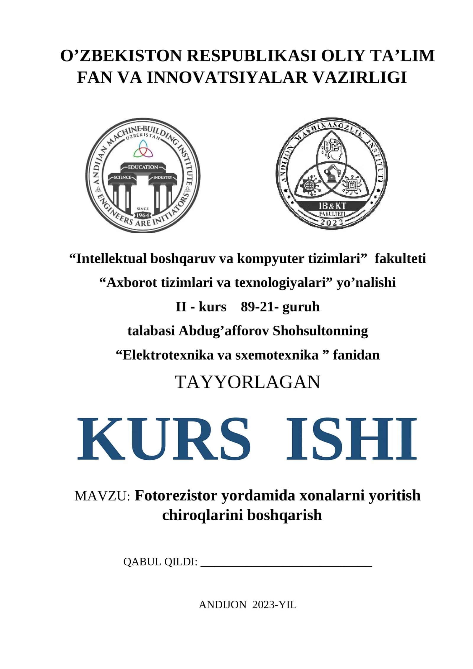 Fotorezistor yordamida xonalarni yoritish chiroqlarini boshqarish kurs ishi 1