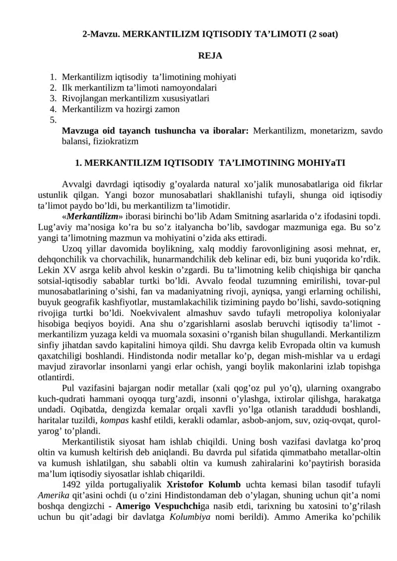 MERKANTILIZM IQTISODIY TA’LIMOTI 1