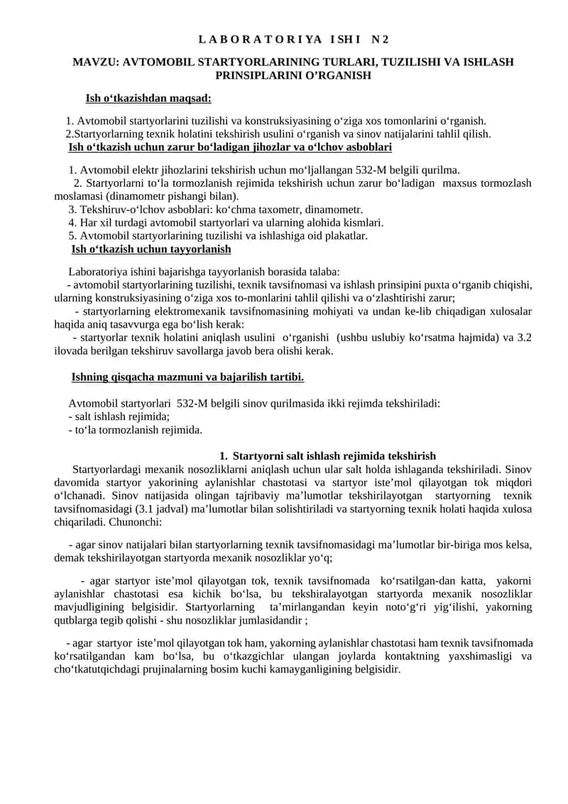 Avtomobil startyorlarining turlari, tuzilishi va ishlash prinsiplarini o’rganish 1