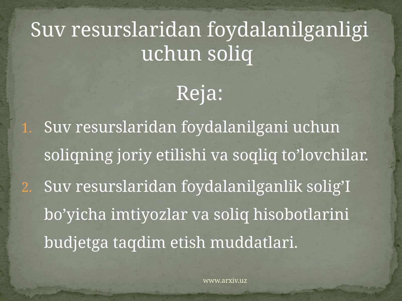 Suv resurslaridan foydalanilganligi uchun soliq 1