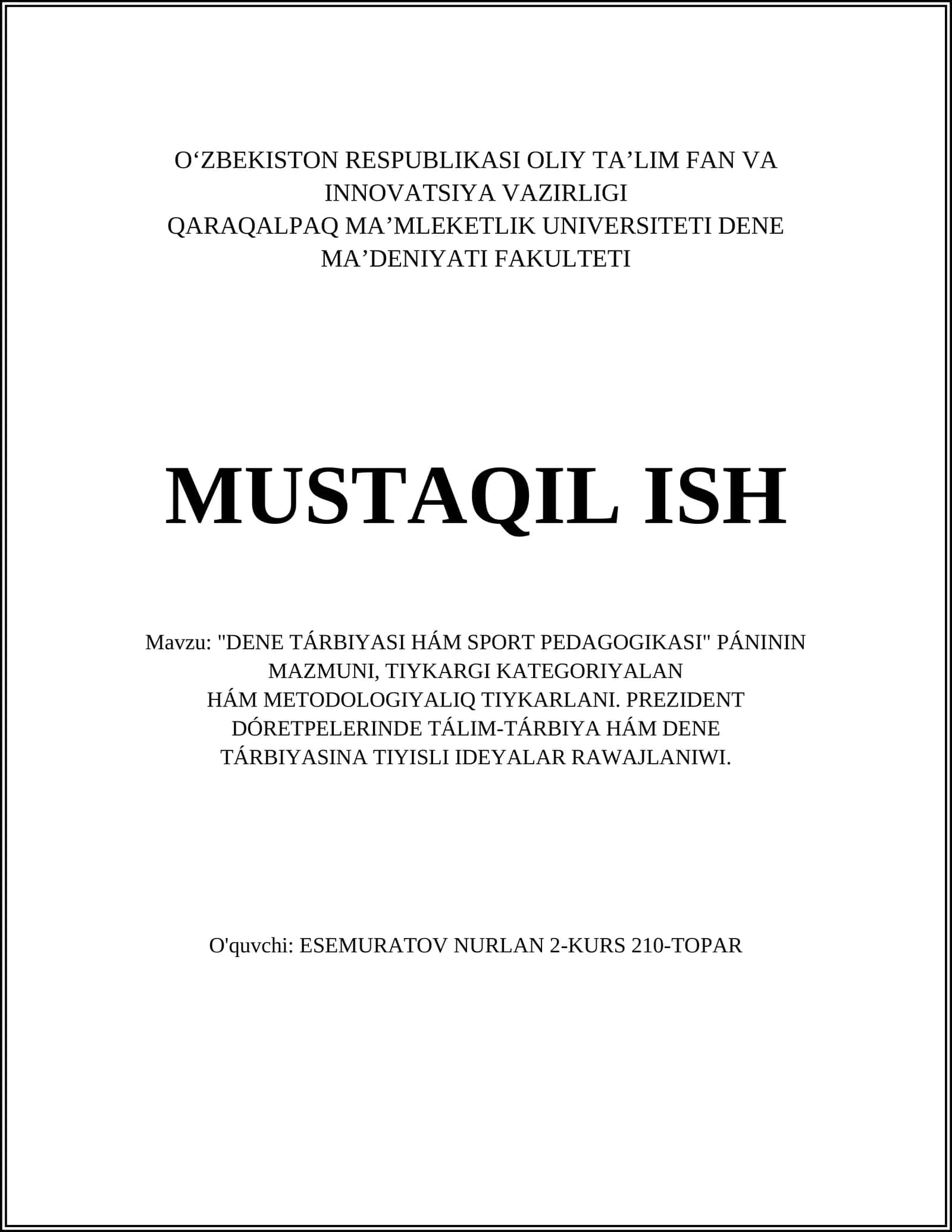 DENE TÁRBIYASI HÁM SPORT PEDAGOGIKASI 1