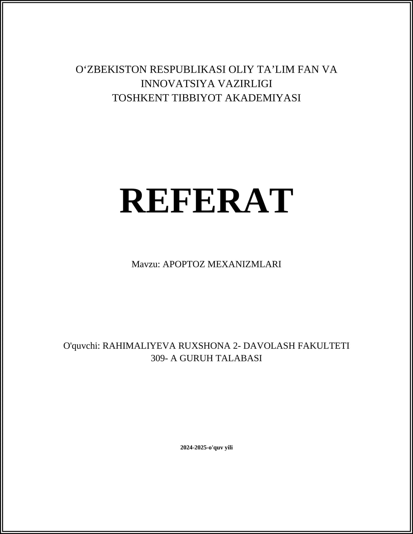 REFERAT: APOPTOZ MEXANIZMLARI 1