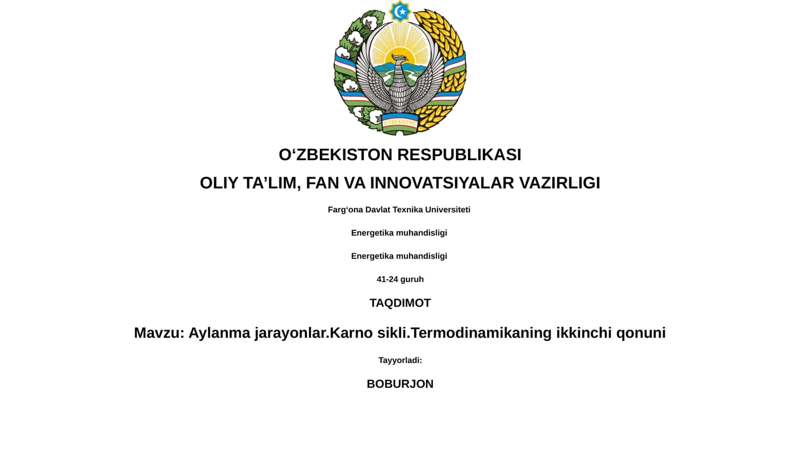 Aylanma jarayonlar.Karno sikli.Termodinamikaning ikkinchi qonuni 1