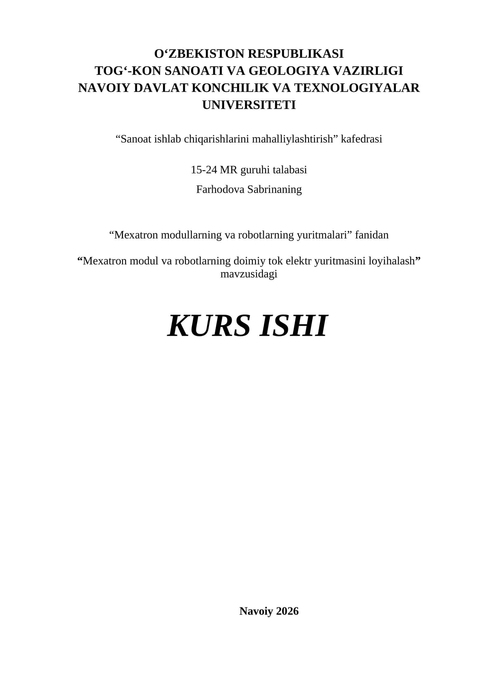 Mexatron modul va robotlarning doimiy tok elektr yuritmasini loyihalash 1