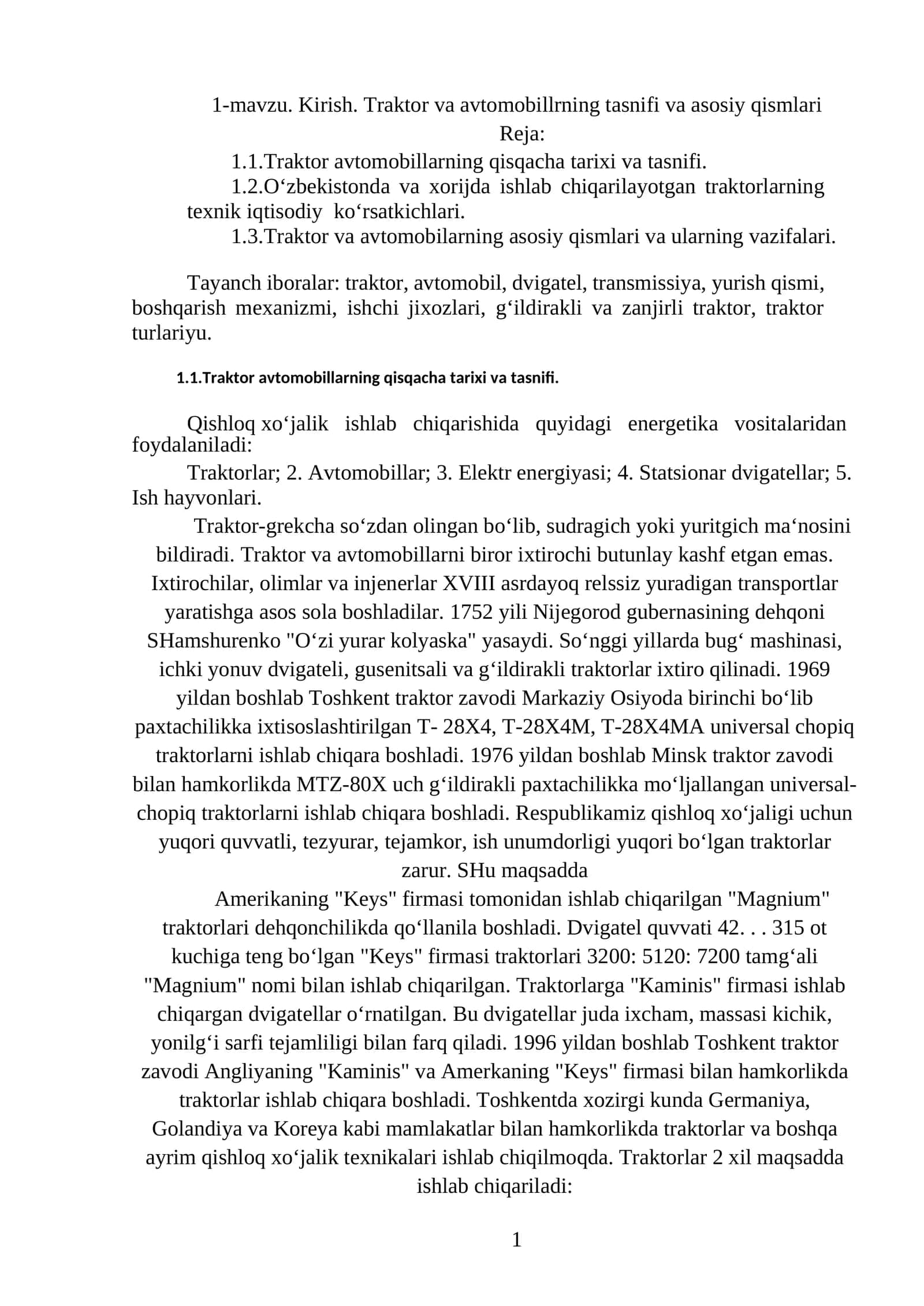 Traktor va Avtomobillarning tasnifi va asosiy qismlari 1