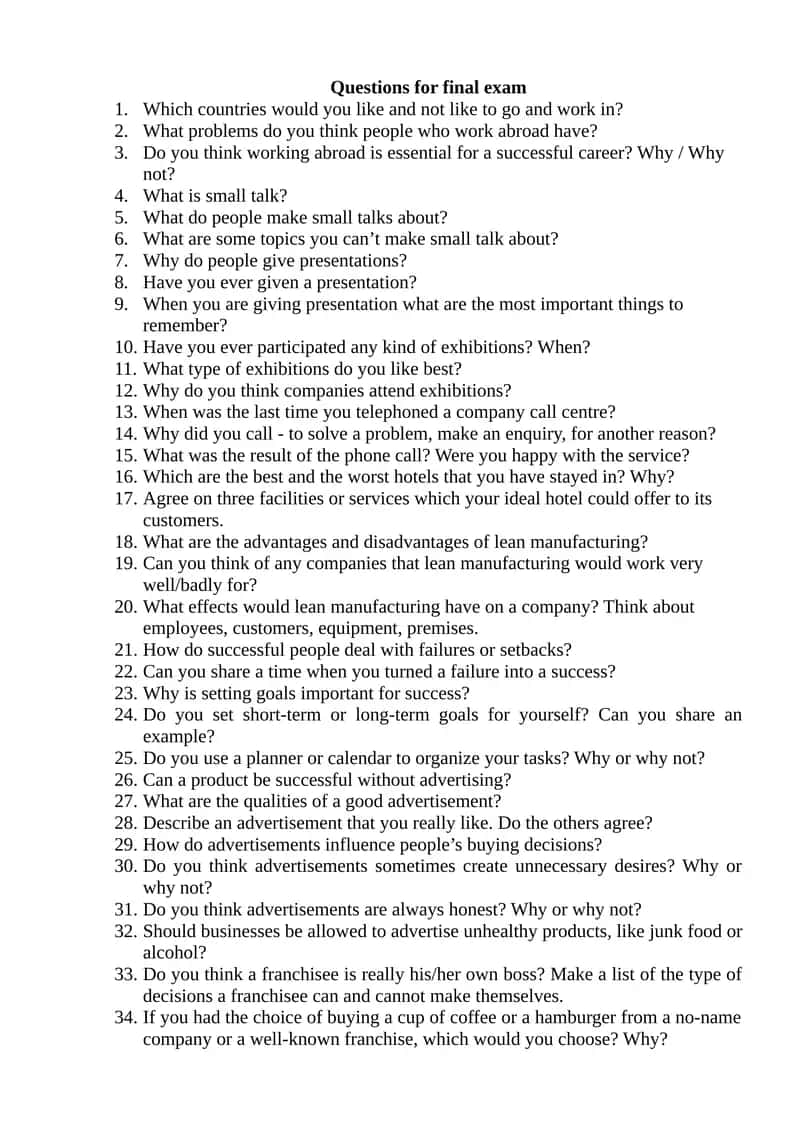 Questions for final exam 1