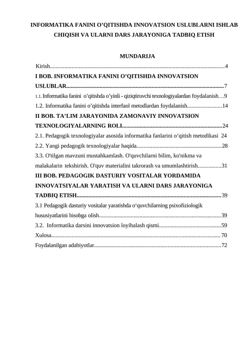Informatika fanini o’qitishda innovatsion uslublarni ishlab chiqish va ularni dars jarayoniga tadbiq etish 1