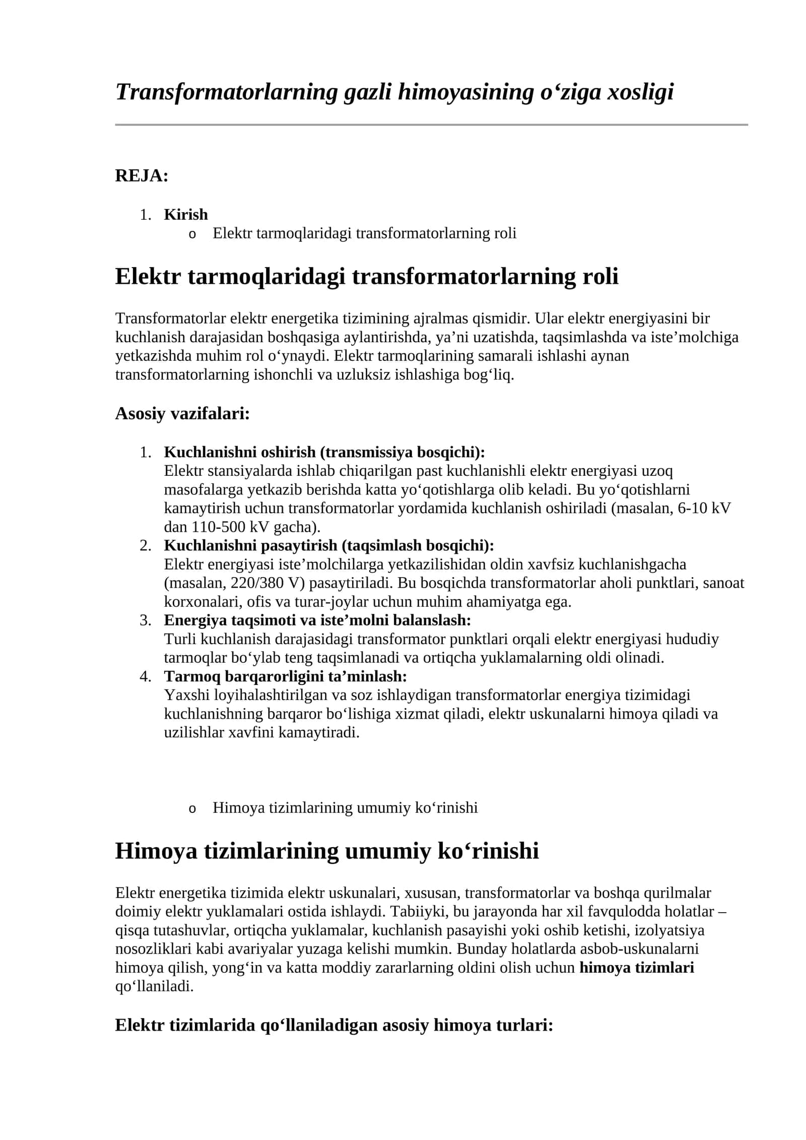 Transformatorlarning gazli himoyasining o‘ziga xosligi 1