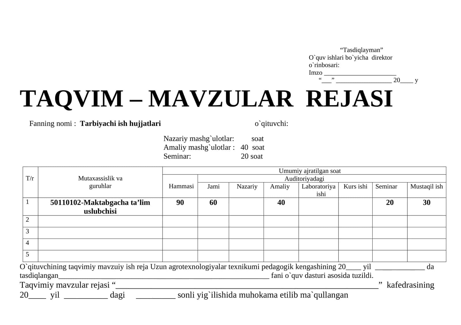 2026 TARBIYACHI ISH HUJJATLARI TAQVIM REJA 1