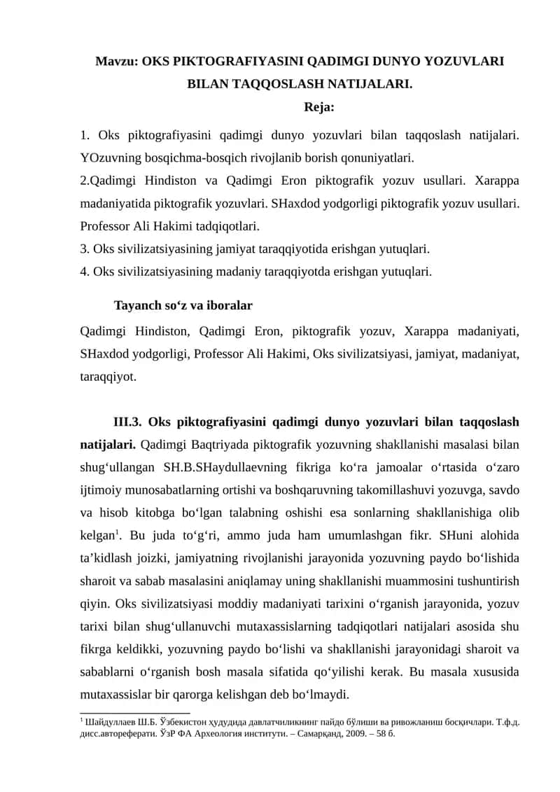 OKS PIKTOGRAFIYASINI QADIMGI DUNYO YOZUVLARI BILAN TAQQOSLASH NATIJALARI. 1