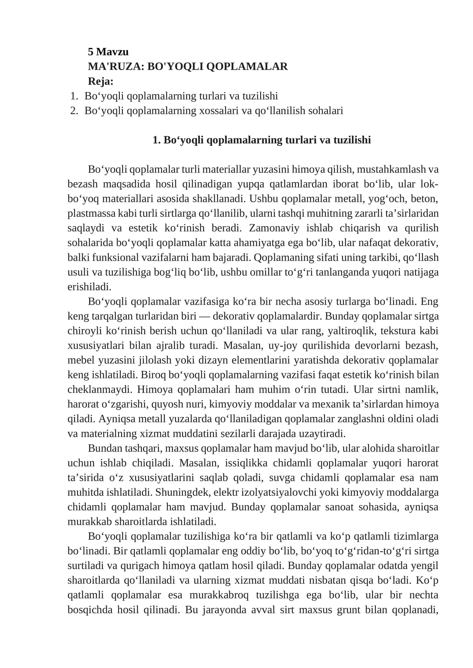 MA'RUZA: BO'YOQLI QOPLAMALAR 1