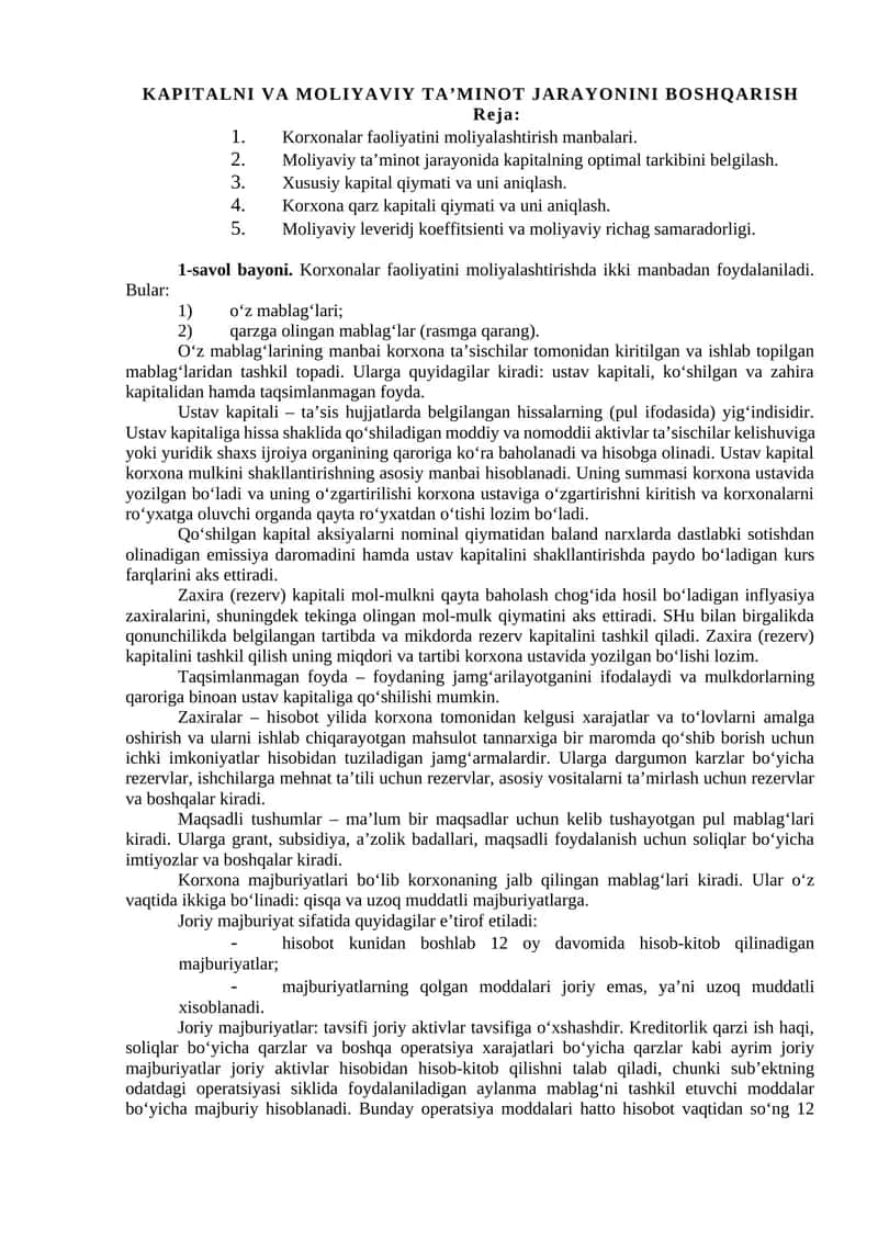 KAPITALNI VA MOLIYAVIY TA’MINOT JARAYONINI BOSHQARISH 1