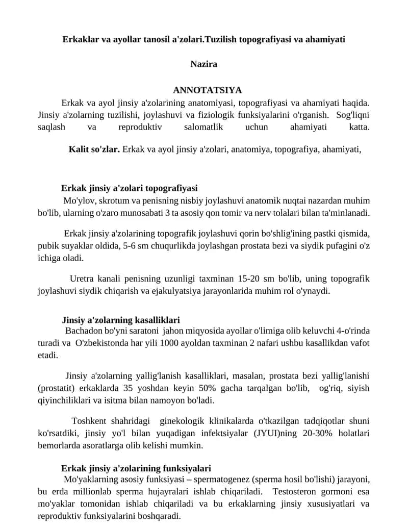 Erkaklar va ayollar tanosil a'zolari.Tuzilish topografiyasi va ahamiyati 1
