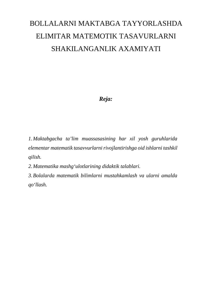Elementar matematik tasavvurlarni rivojlantirish 1