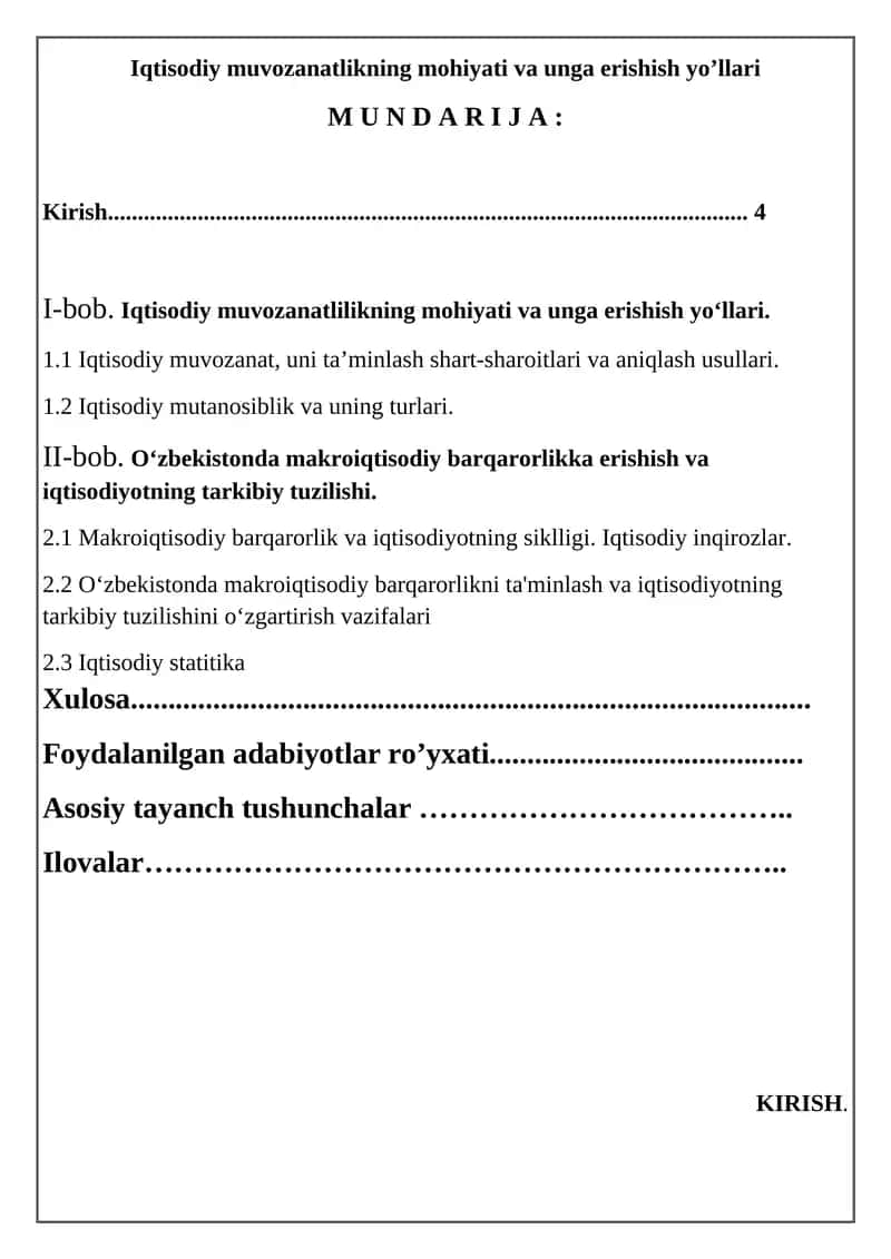 Iqtisodiy muvozanatlikning mohiyati va unga erishish yo’llari 1