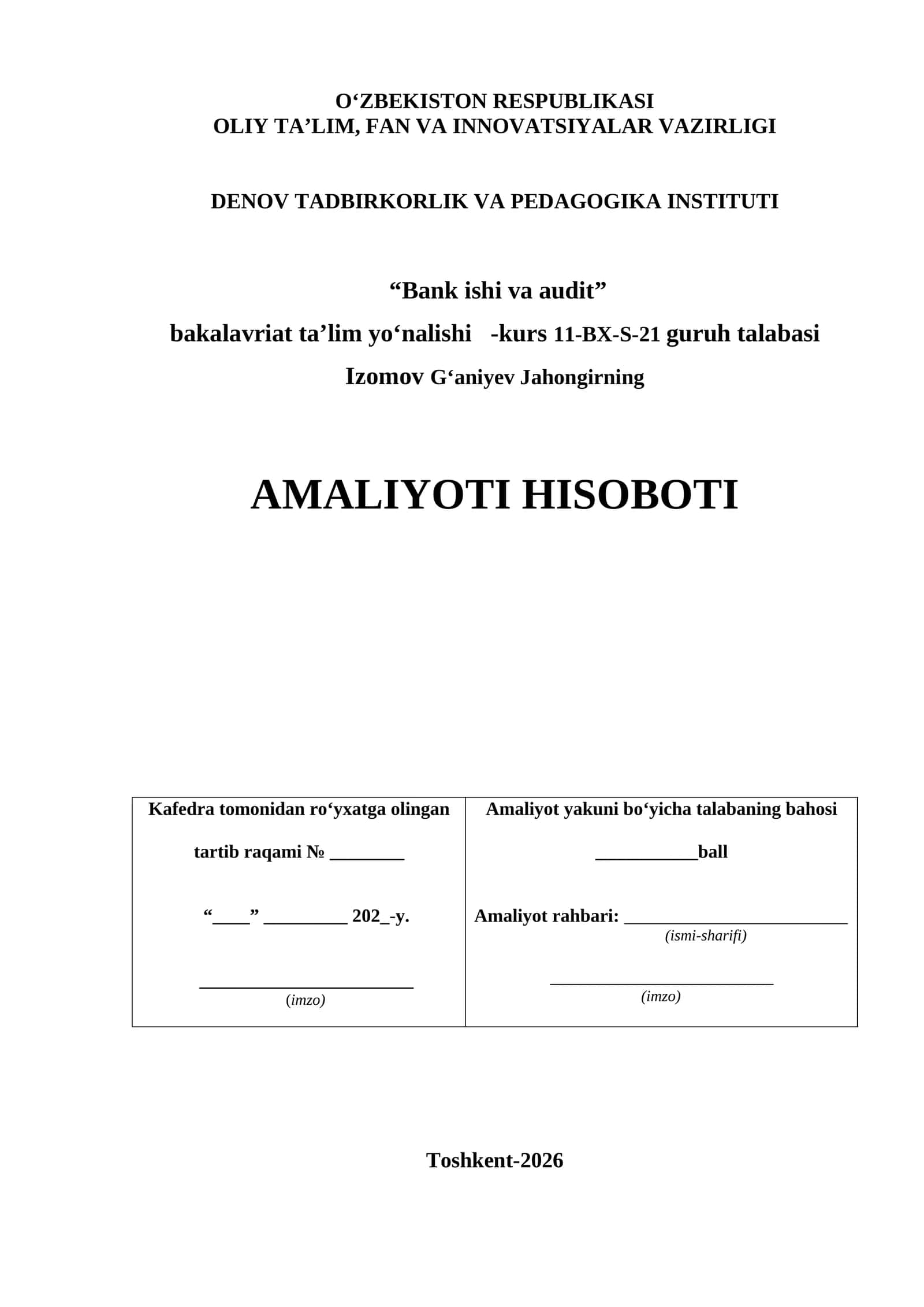 AMALIYOTI HISOBOTI. Agrobank ATB Boyovut filiali 1