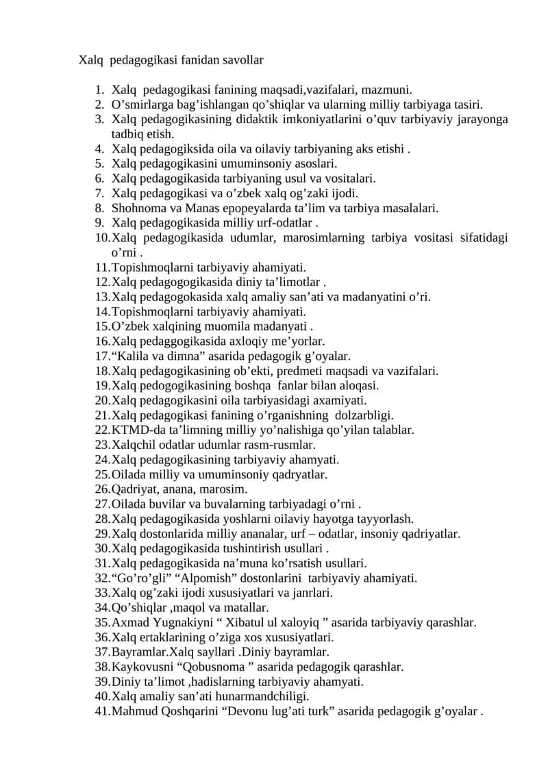 Xalq pedagogikasi fanidan savollar 1