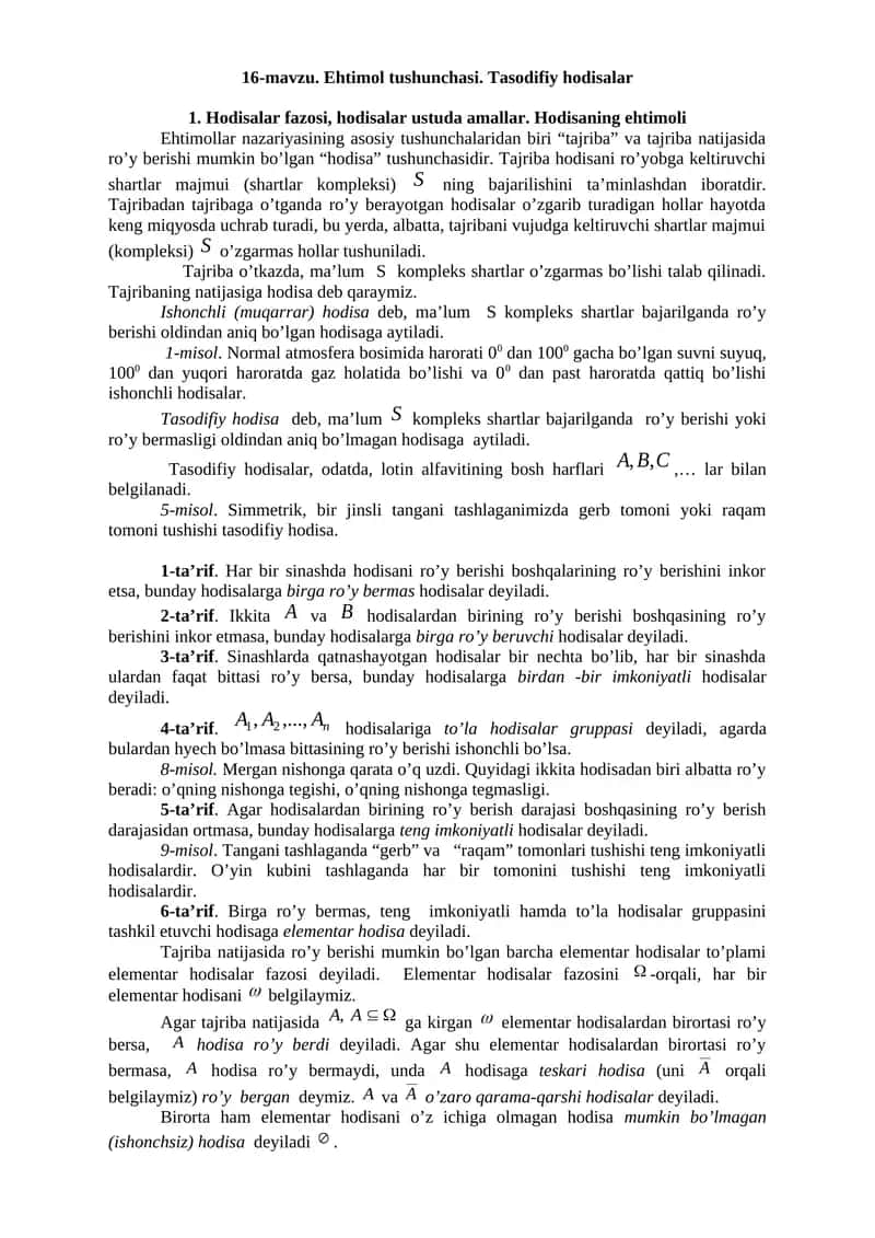 16-mavzu. Ehtimol tushunchasi. Tasodifiy hodisalar 1
