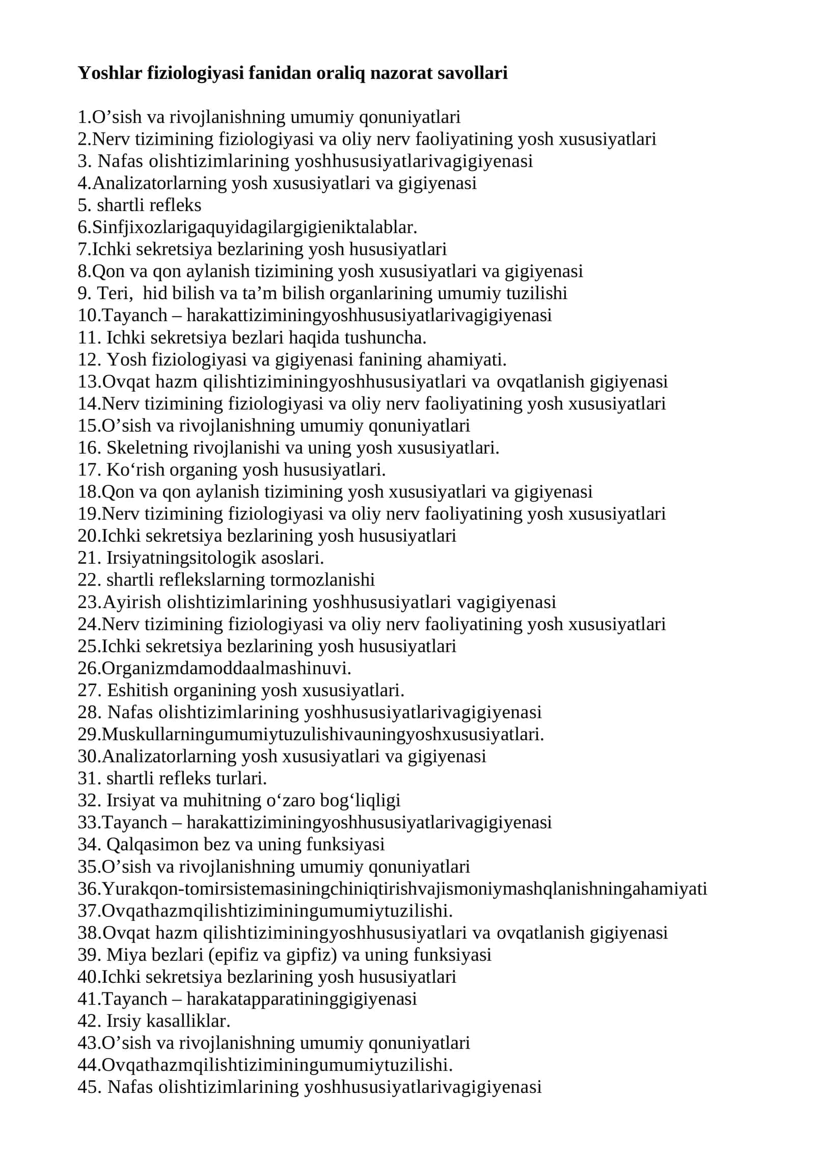 Yoshlar fiziologiyasi fanidan oraliq nazorat savollari 1