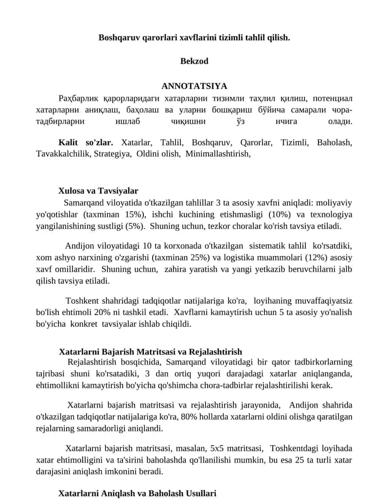 Boshqaruv qarorlari xavflarini tizimli tahlil qilish 1