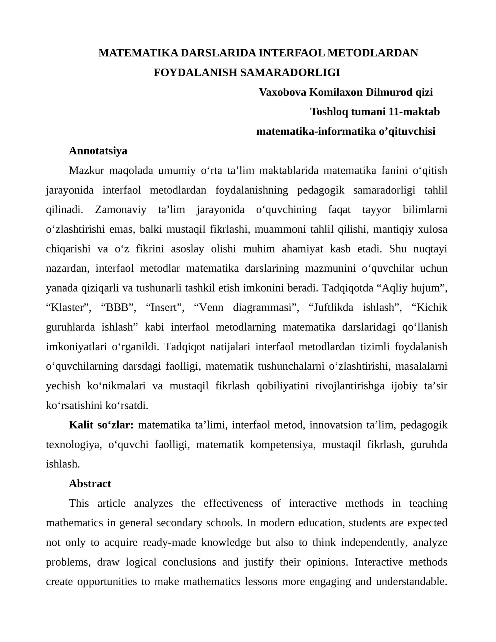 MATEMATIKA DARSLARIDA INTERFAOL METODLARDAN FOYDALANISH SAMARADORLIGI 1
