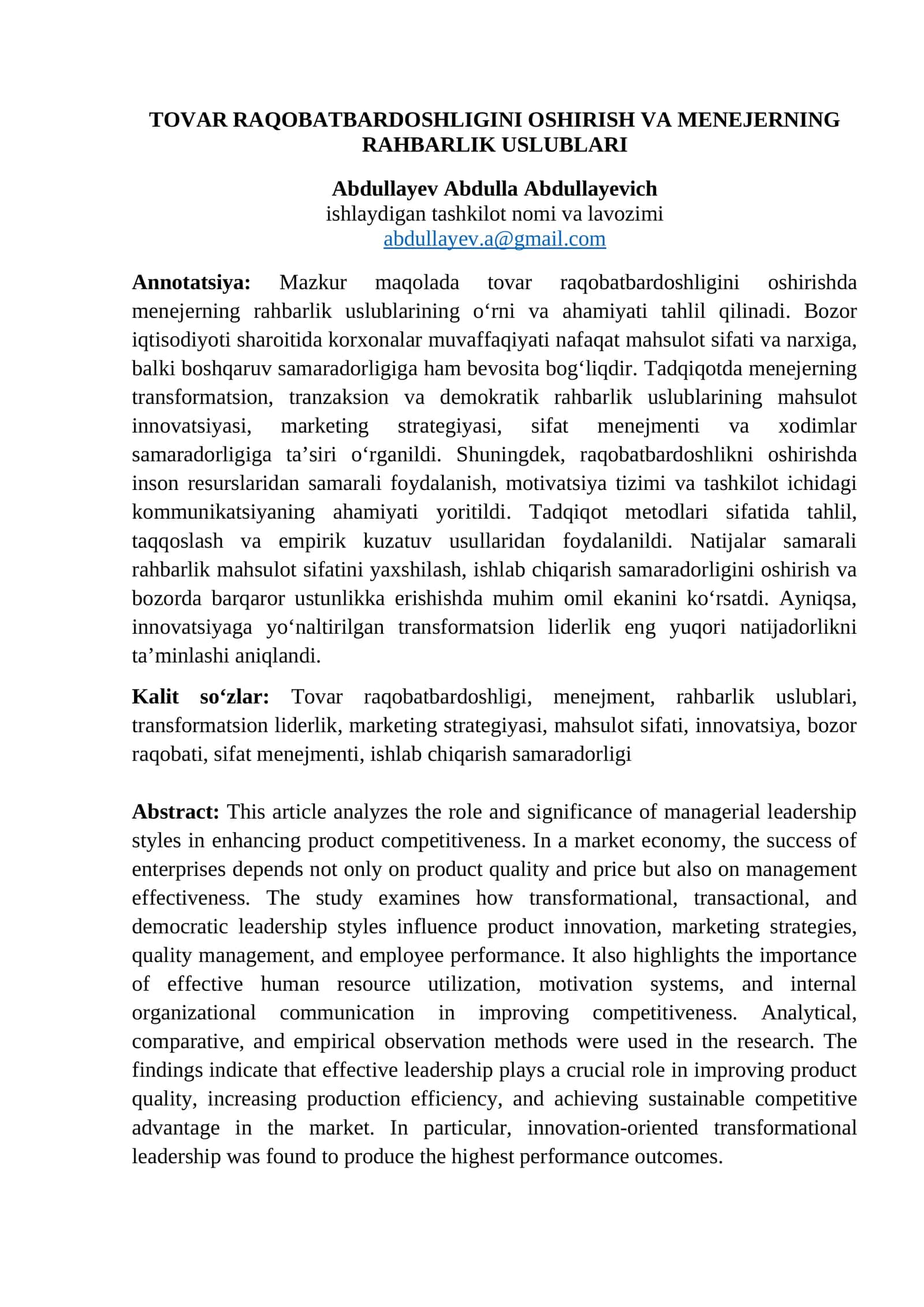 TOVAR RAQOBATBARDOSHLIGINI OSHIRISH VA MENEJERNING RAHBARLIK USLUBLARI 1