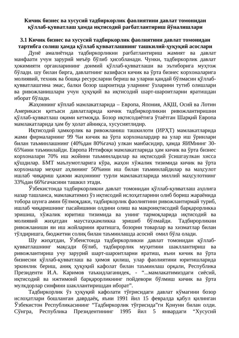 Кичик бизнес ва хусусий тадбиркорлик фаолиятини давлат томонидан қўллаб-қувватлаш ҳамда иқтисодий рағбатлантириш йўналишлари 1
