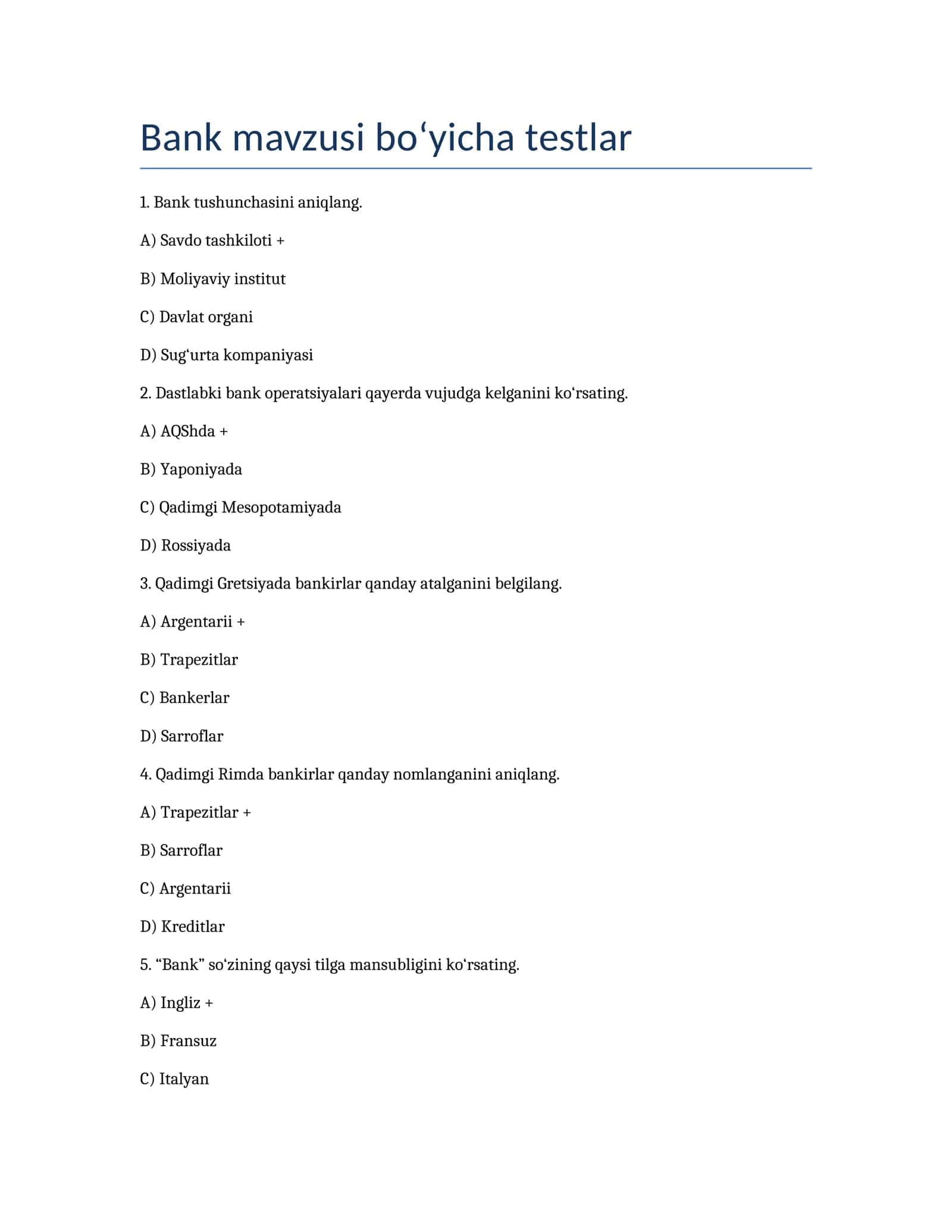 bank haqida testlar 1