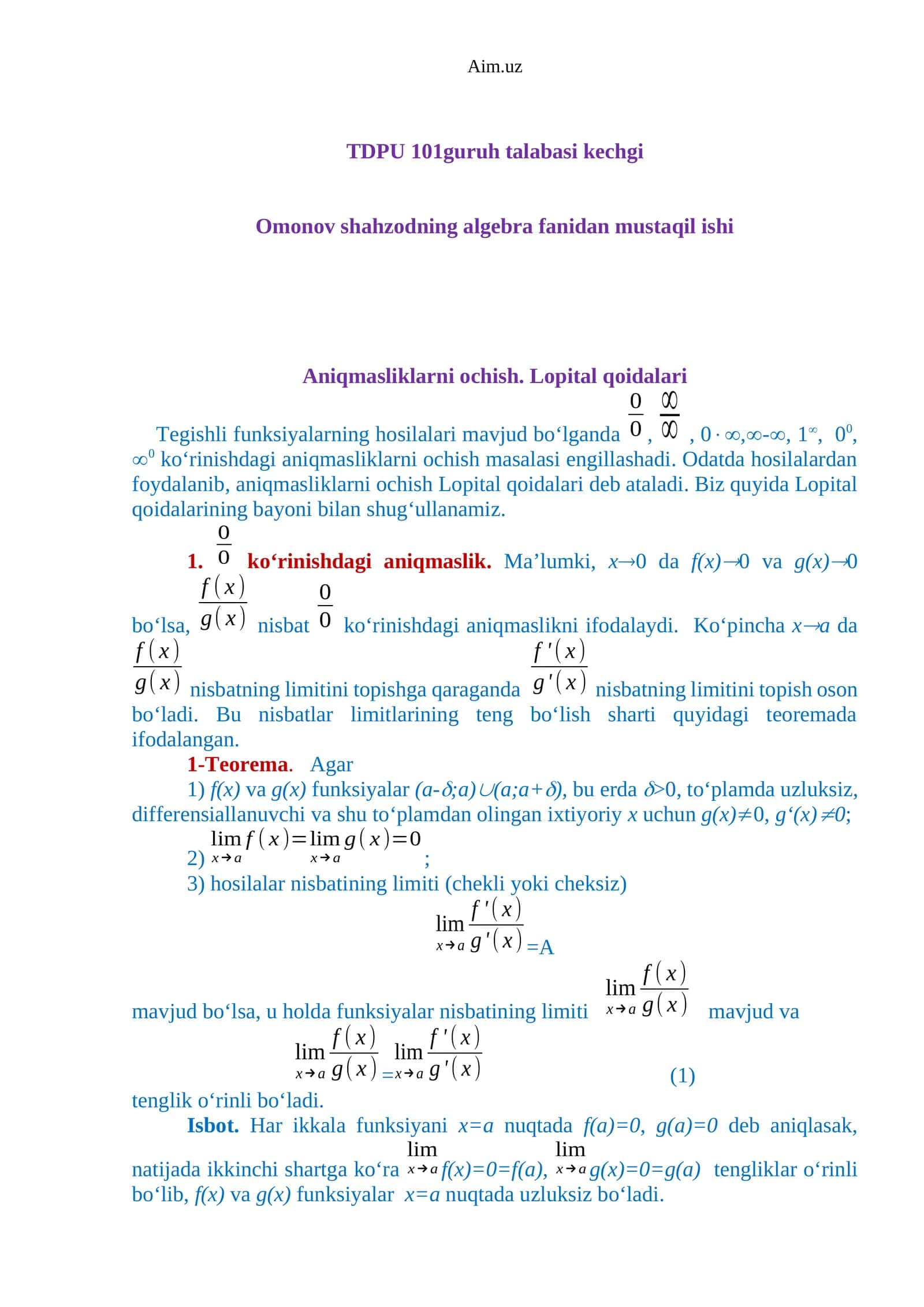 Aniqmasliklarni ochish. Lopital qoidalari 1